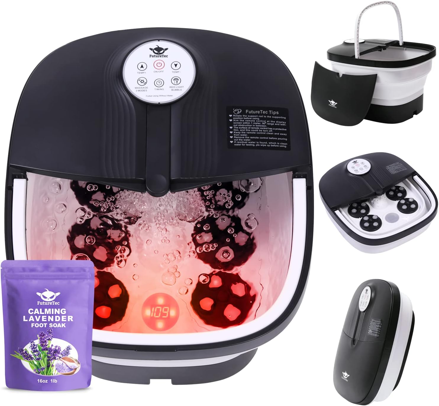 Motorized Foot Spa Bath Massager with Heat Bubbles and Vibration Massage and Jets, 16OZ Lavender Foot Soak Epsom Salt, Collapsible Foot Bath Bucket with 24 Auto Massage Balls, Infrared & Remote