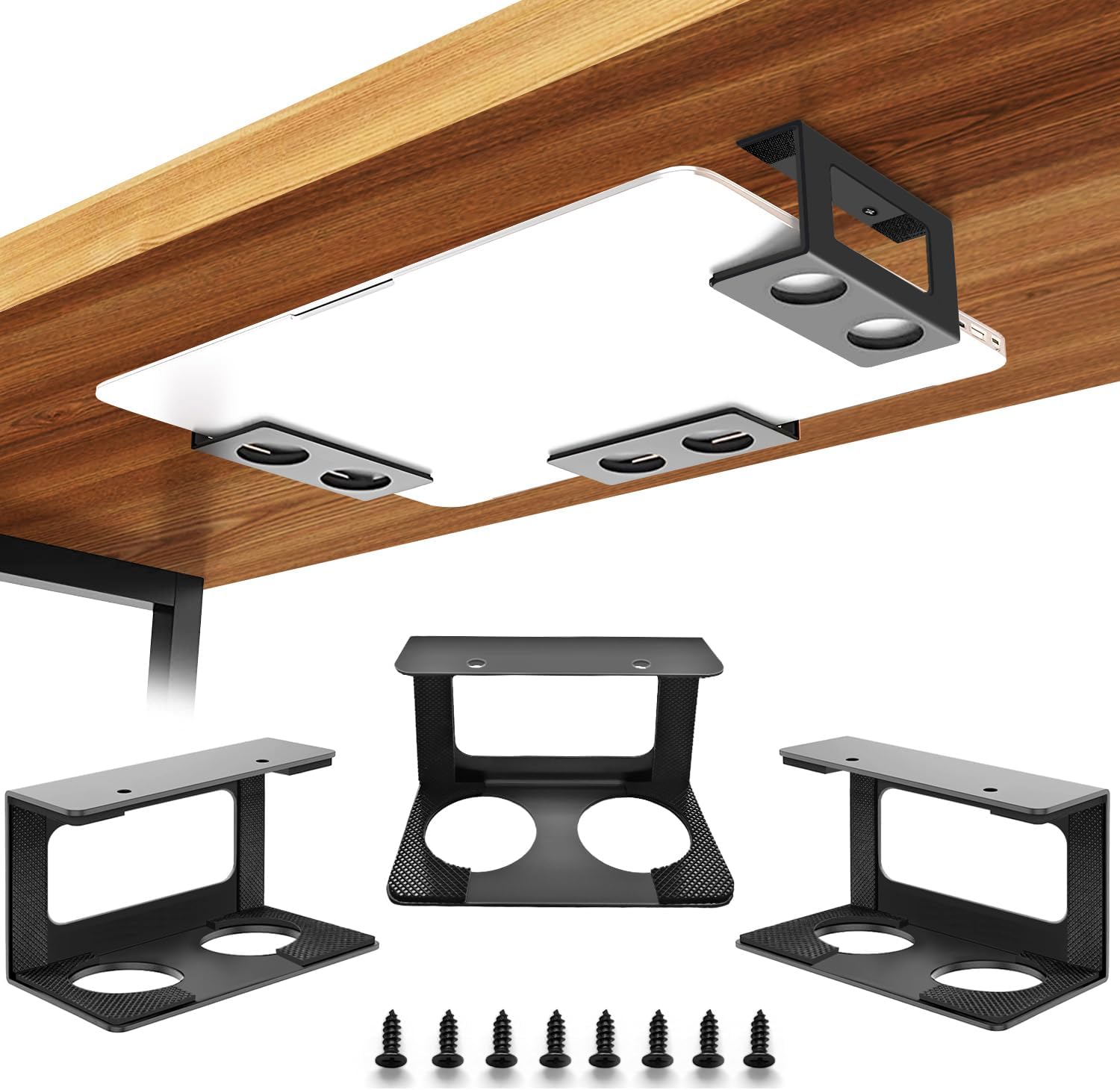 Under Desk Laptop Mount, Teridokor 3PCs Under Desk Shelf Bracket with Silicone Pad Compatible with Device Tall Maximum 3 Inch, Aluminum Under Desk Laptop Holder Tray for Laptop MacBook PS4 & More