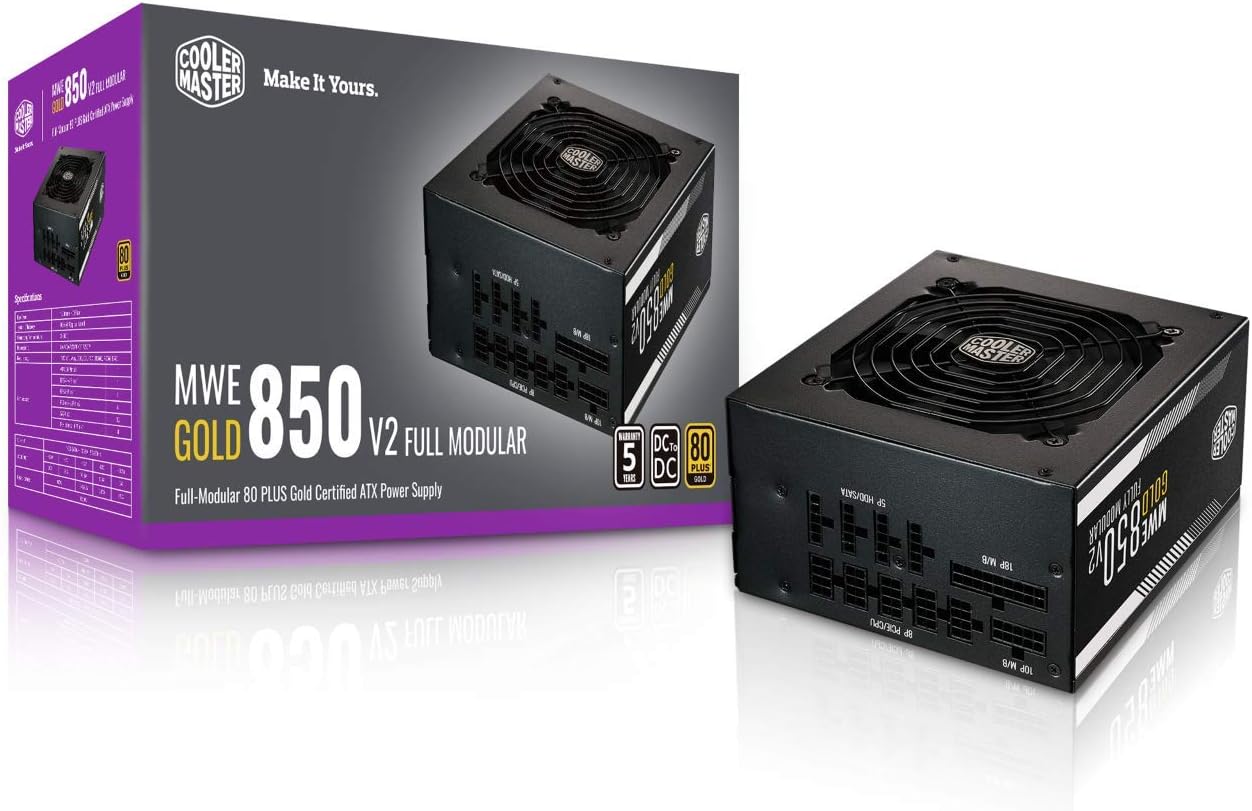 Cooler Master MWE Gold 850 V2 Full Modular, 850W, 80  Gold Efficiency, 2 EPS Connectors, 120mm HDB Fan, Semi-fanless Operation, 5 Year Warranty