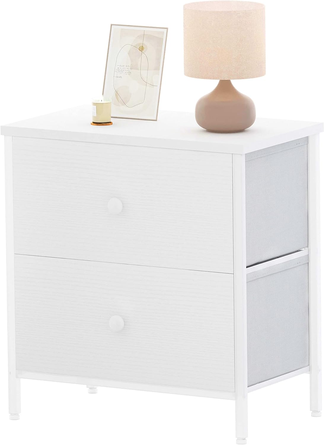 BOLUO White Nightstand with Drawer Dresser for Bedroom Nightstands,Night Stand and Dressers Sets End Table with 2 Fabric Drawers Organizer Modern