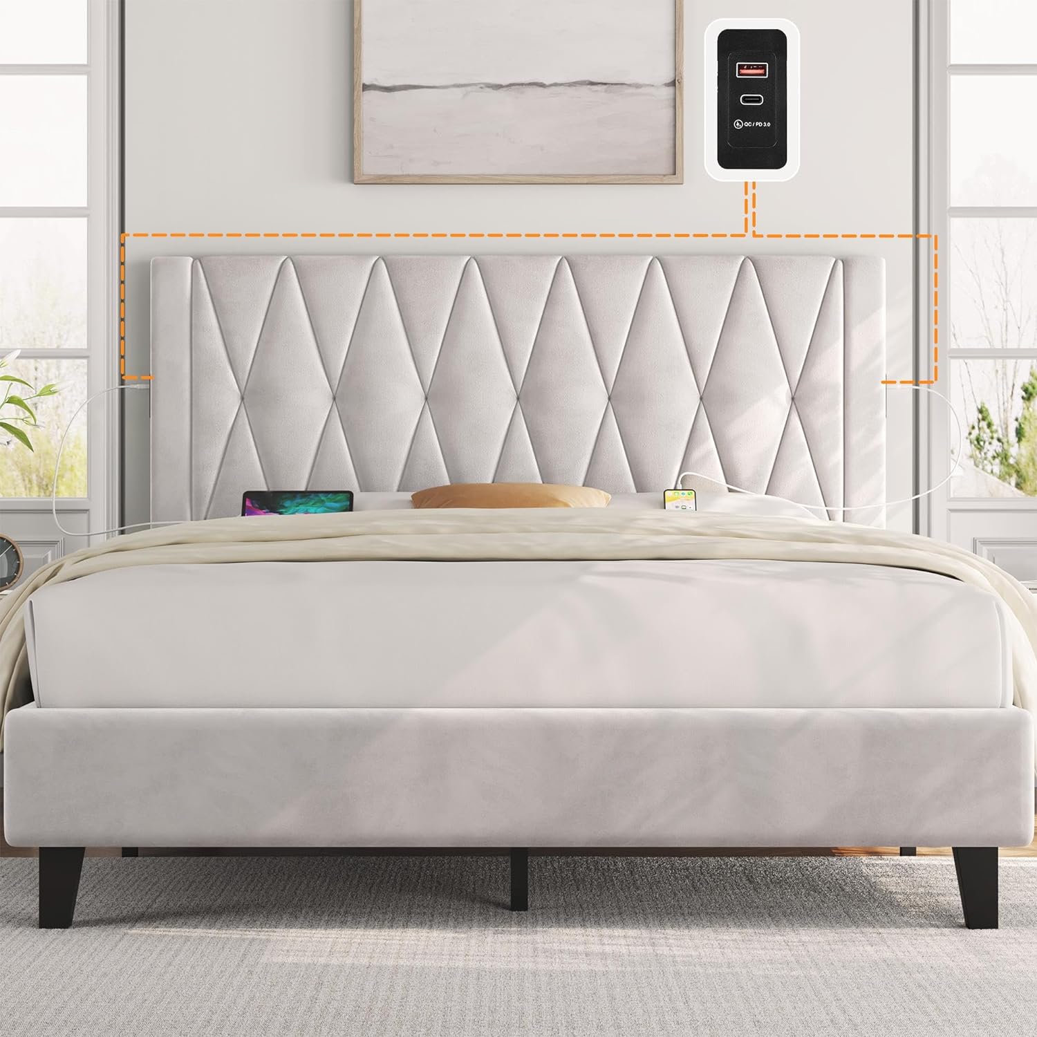 Yaheetech Full Bed Frame Velvet Upholstered Bed with Diamond-Tufted Geometric Design Headboard, with 2 USB Charging Ports (Type A/C), Wooden Slats Support, Beige Full Bed