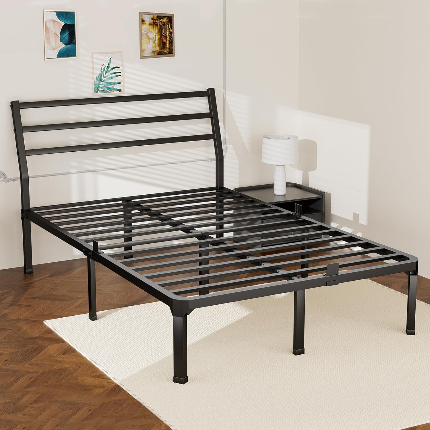 ROIL Full Size Metal Bed Frame with Headboard, 14inch Black Heavy Duty Platform with Steel Slats Support and Mattress Stoppers, 3500LBS No Box Spring Needed, Easy Assembly Noise-Free