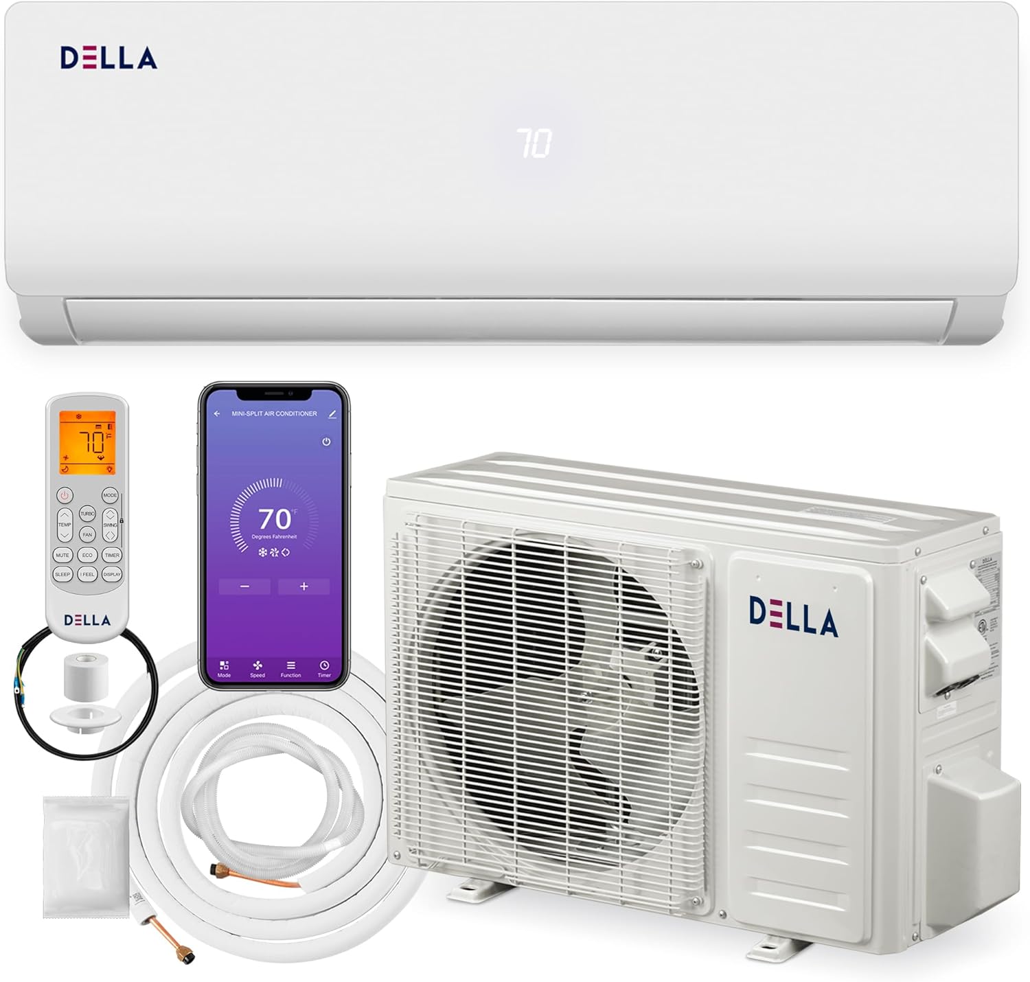 DELLA 12000 BTU Mini Split Air Conditioner Work with Alexa with 1 Ton Pre-Charged Heat Pump Ductless Inverter System, 19 SEER2 208-230V, 8 HSPF, Cools Up to 550 Sq. Ft,16.4ft installation kit included