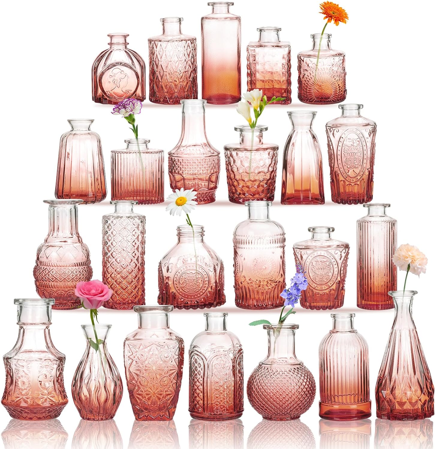 CUCUMI 24pcs Glass Bud Vase Set in Bulk, Gradual Orange Pink Relief Vase for Centerpieces, Mini Vintage Glass Flower Vases for Wedding Home Table Party Decor