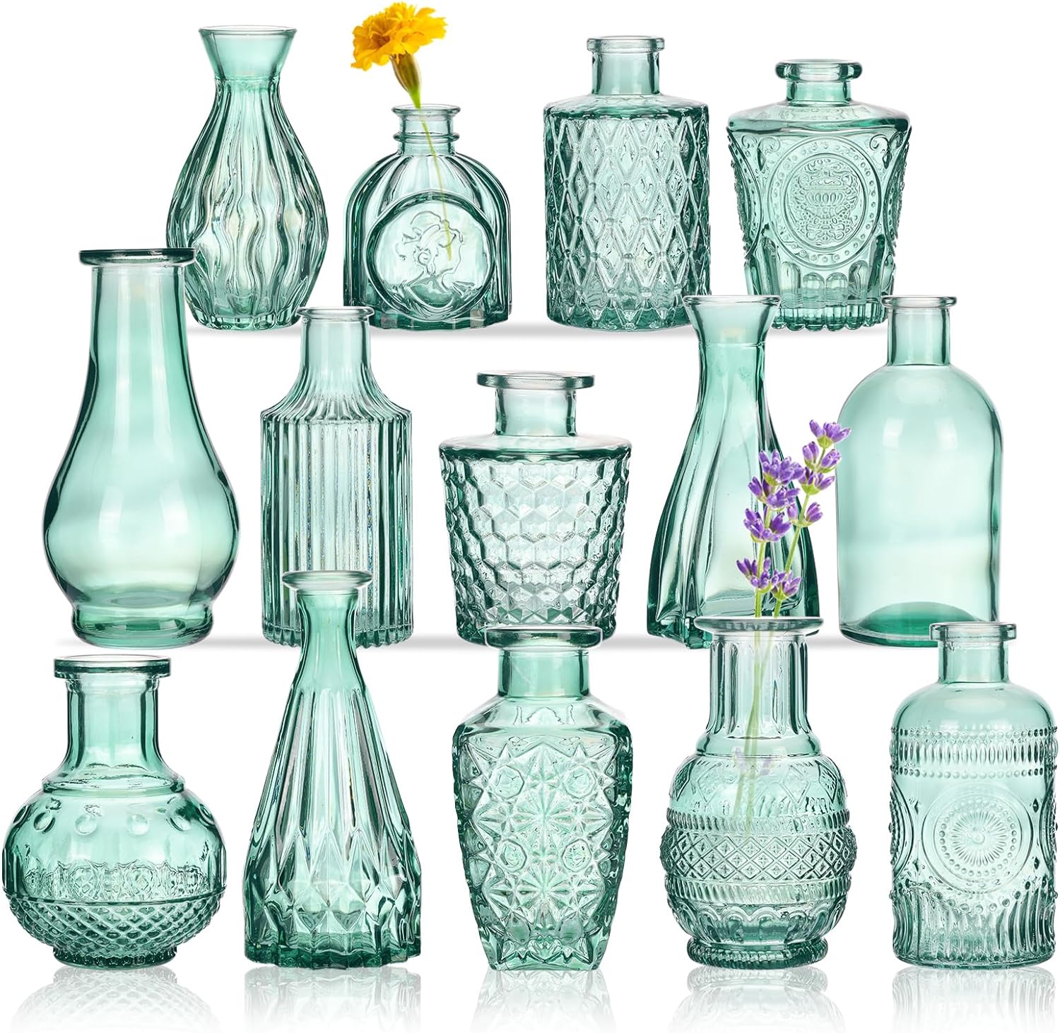 CUCUMI 14pcs Glass Bud Vase Set in Bulk, Aqua Green Relief Vase for Centerpieces, Mini Vintage Glass Flower Vases for Wedding Home Table Party Decor