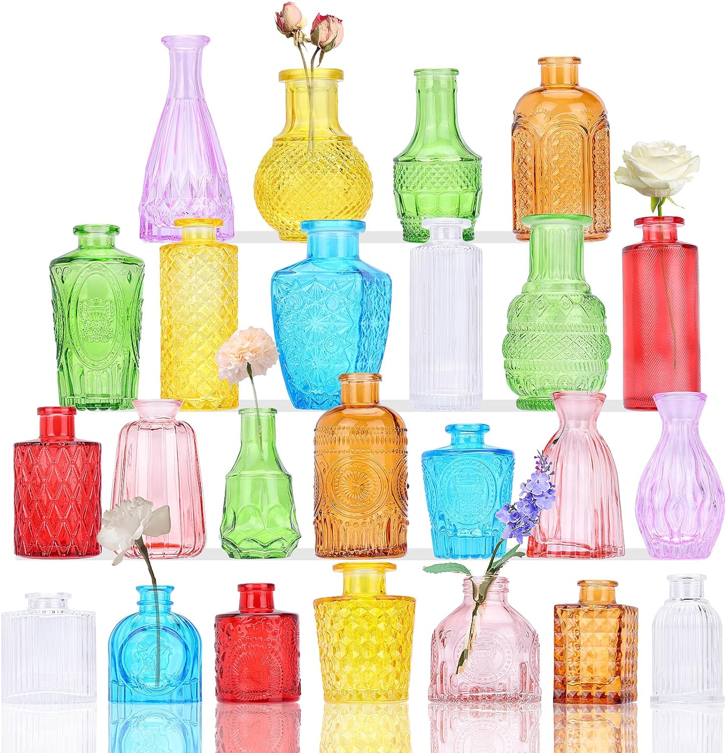 CUCUMI 24pcs Glass Bud Vases in Bulk, Colored Small Vases for Centerpieces, Mini Clear Bud Vases Colorful Flower Vases for Wedding Table Decorations Rustic Boho Vintage Home Decor