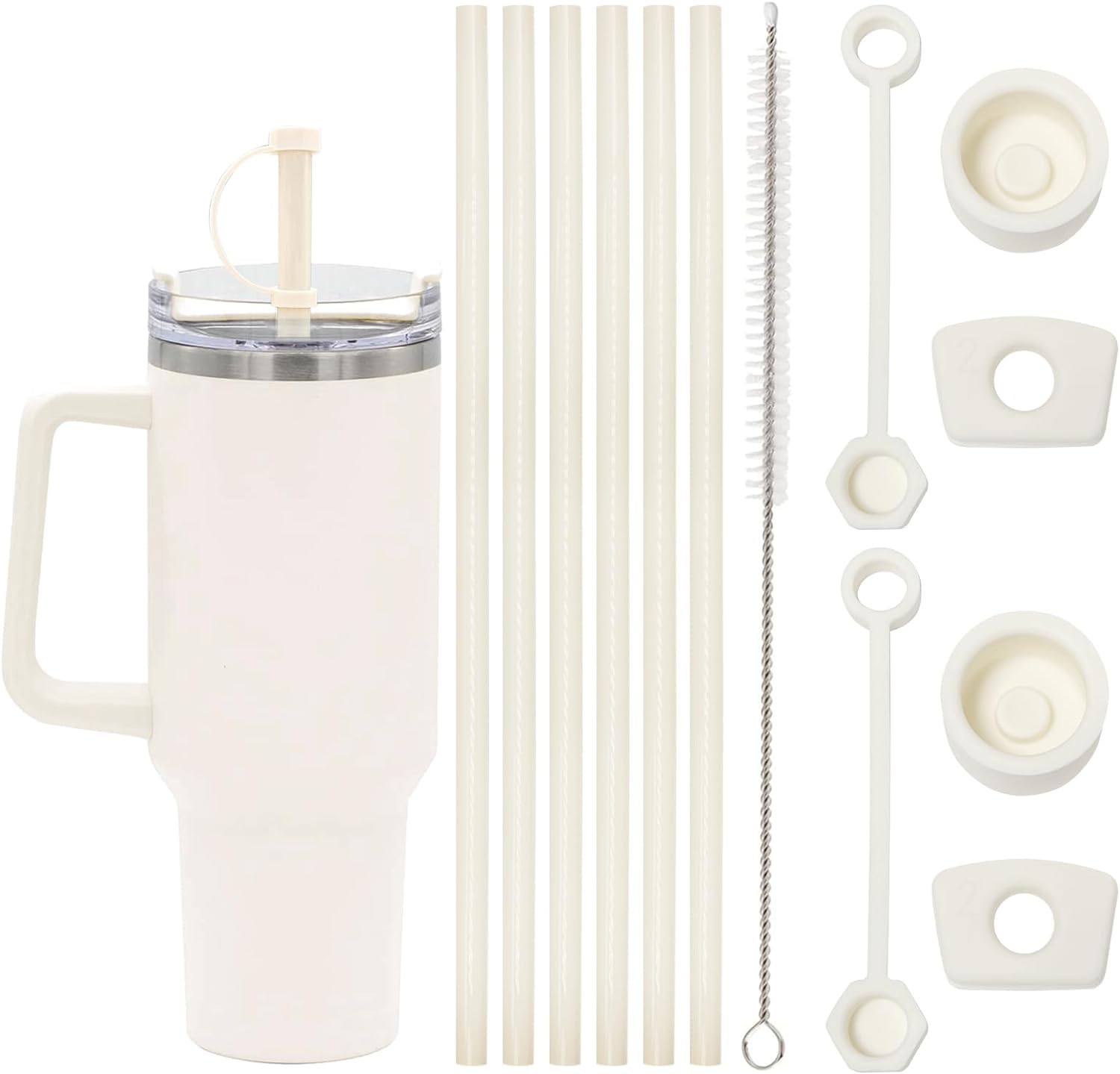 6 Pack Replacement Straw & 2 Set Spill Stopper Compatible with Stanley 30 40 oz Cup Tumbler Include Cleaning Brush, Reusable Leak Proof Kit for Stanley Cup Accessories, Cream