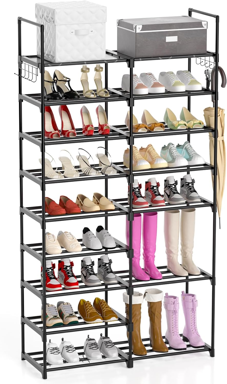 DOADW 9-Tier Tall Shoe Rack for Entryway - Shoe Organizer with Hook, Large Capacity for 28-32 Pairs Shoes Boots, Space-Saving Metal Shoe Shelf for Closet, Garage, Bedroom, Hallway, Cloakroom (Black)