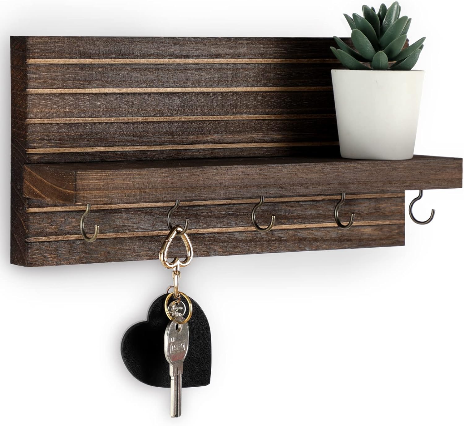 Decorative Key Holder for Wall with Shelf, Entryway Shelf with Hooks Holds Leashes, Jackets and Glasses  Sturdy Wood Keyholder Entrance Hanger with Mounting Hardware (11.8 x 5.5 x 3.1) (Brown)