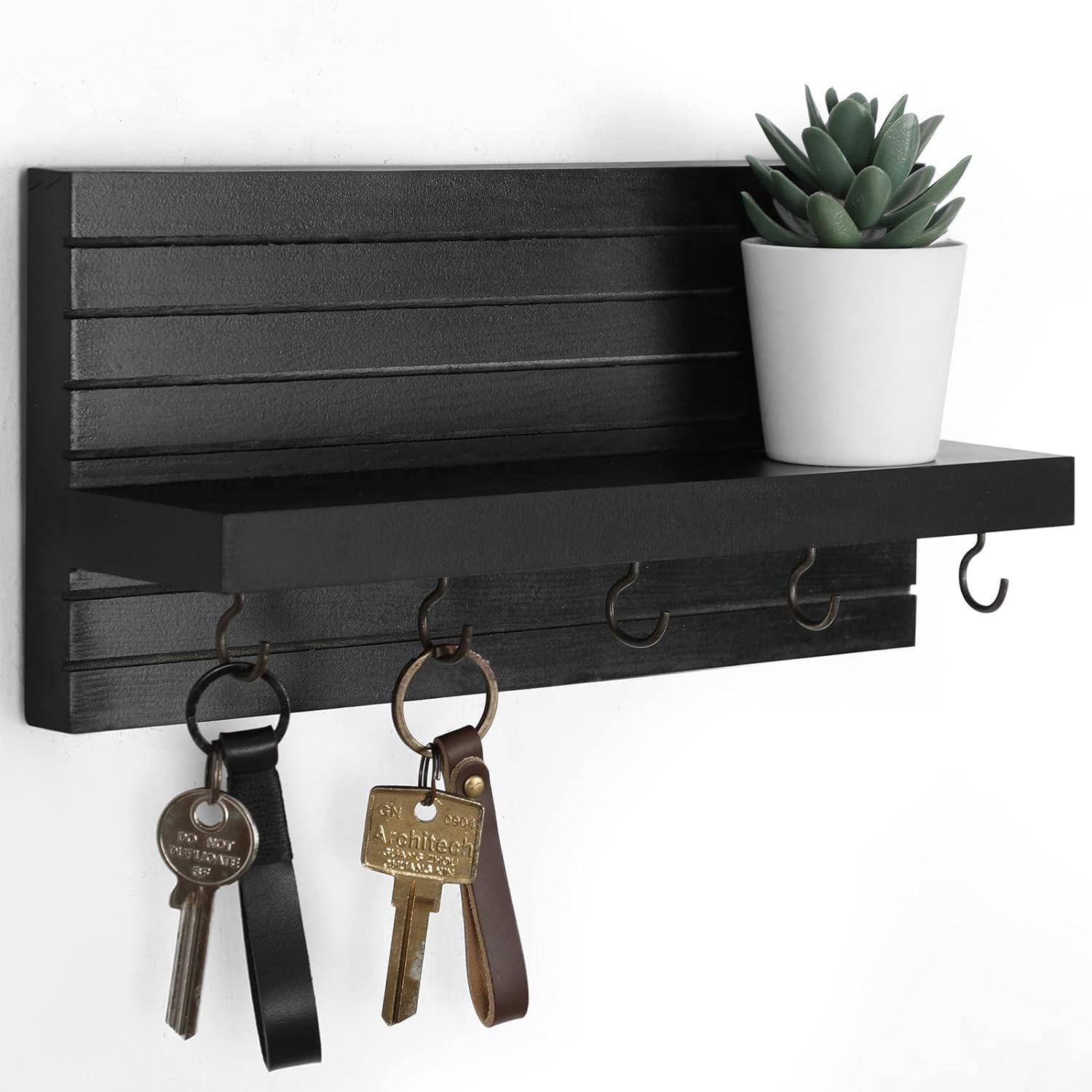 Decorative Key Holder for Wall with Shelf, Entryway Shelf with Hooks Holds Leashes, Jackets and Glasses  Sturdy Wood Keyholder Entrance Hanger with Mounting Hardware (11.8 x 5.5 x 3.1) (Black)