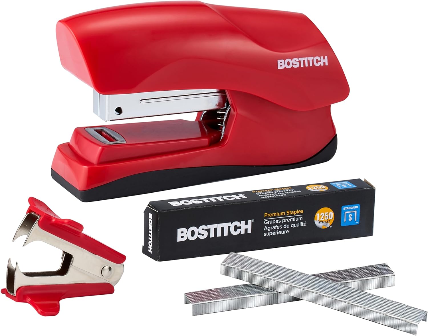 Bostitch Office Heavy Duty 40 Sheet Stapler with 1250 Staples & Claw Remover, Small Stapler Size, Fits into the Palm of Your Hand, Value Pack, Red (B175-RED-VP)