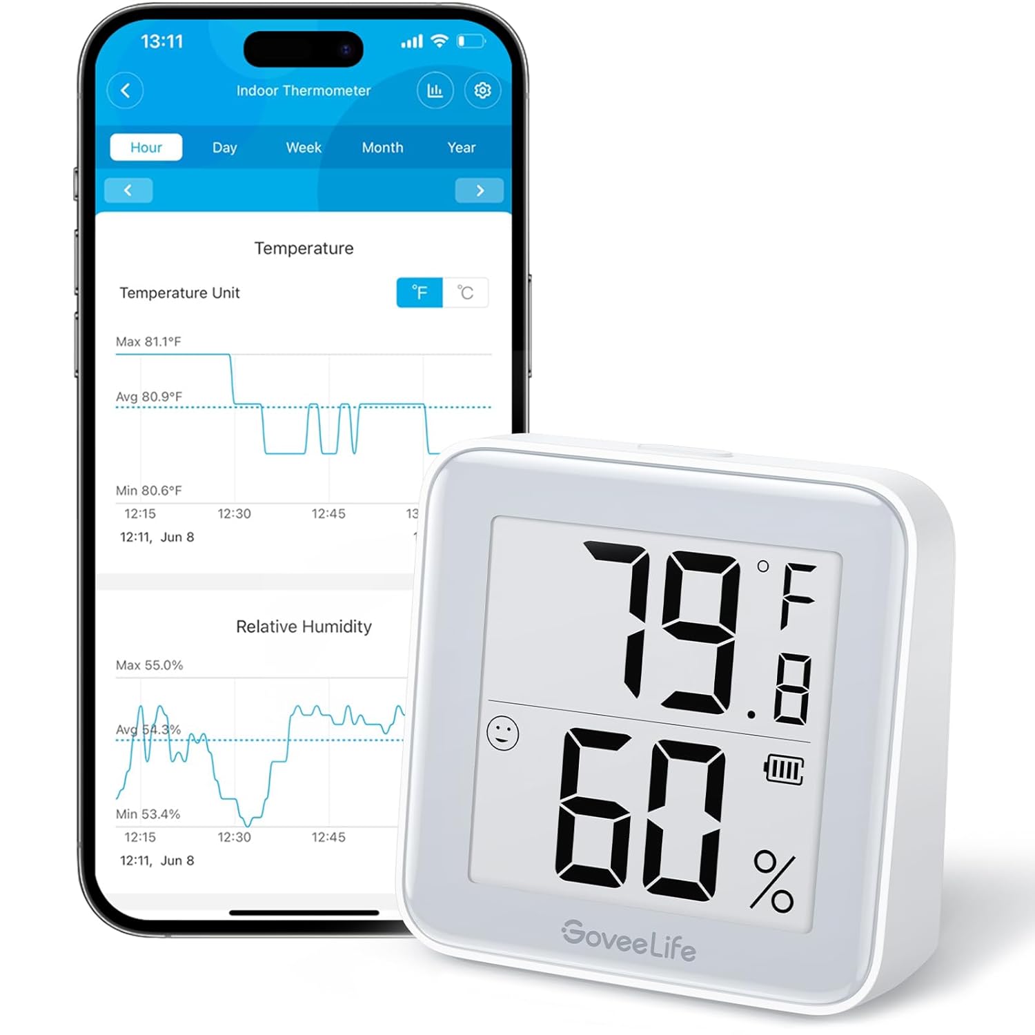 GoveeLife E-Ink Bluetooth Thermometer Hygrometer, Smart Digital Indoor Wireless Temperature Humidity Sensor with Alert, Free Data Storage Export, for Home Room Greenhouse Wall, 1 Pcak (with Battery)