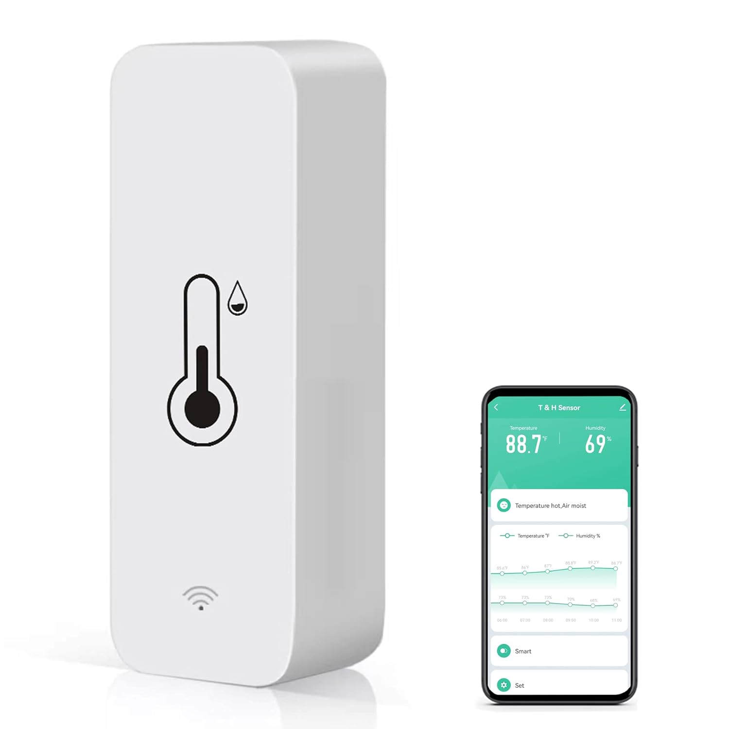WiFi Temperature Humidity Sensor: Indoor Thermometer Hygrometer with App Alert, Free Data Storage Export, Smart Temperature Humidity Monitor for Home Pet Greenhouse, Compatible with Alexa (1-Pack)