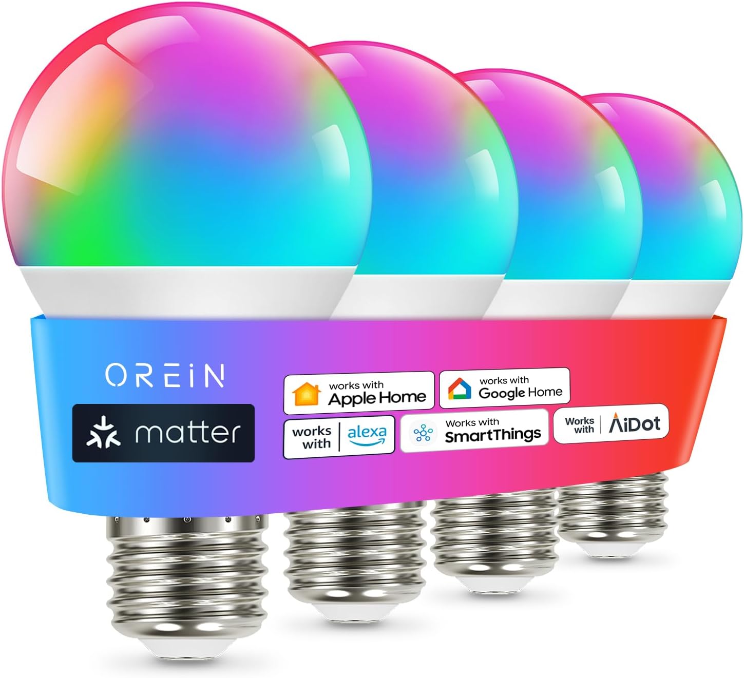 OREiN Matter Smart Light Bulbs Reliable WiFi Light Bulb with Matter A19 E26 LED Color Changing Light Bulbs 9W Equi 60W 800LM CRI>90 Work with Alexa/Google Home/Apple Home/SmartThings/Siri 4Pack