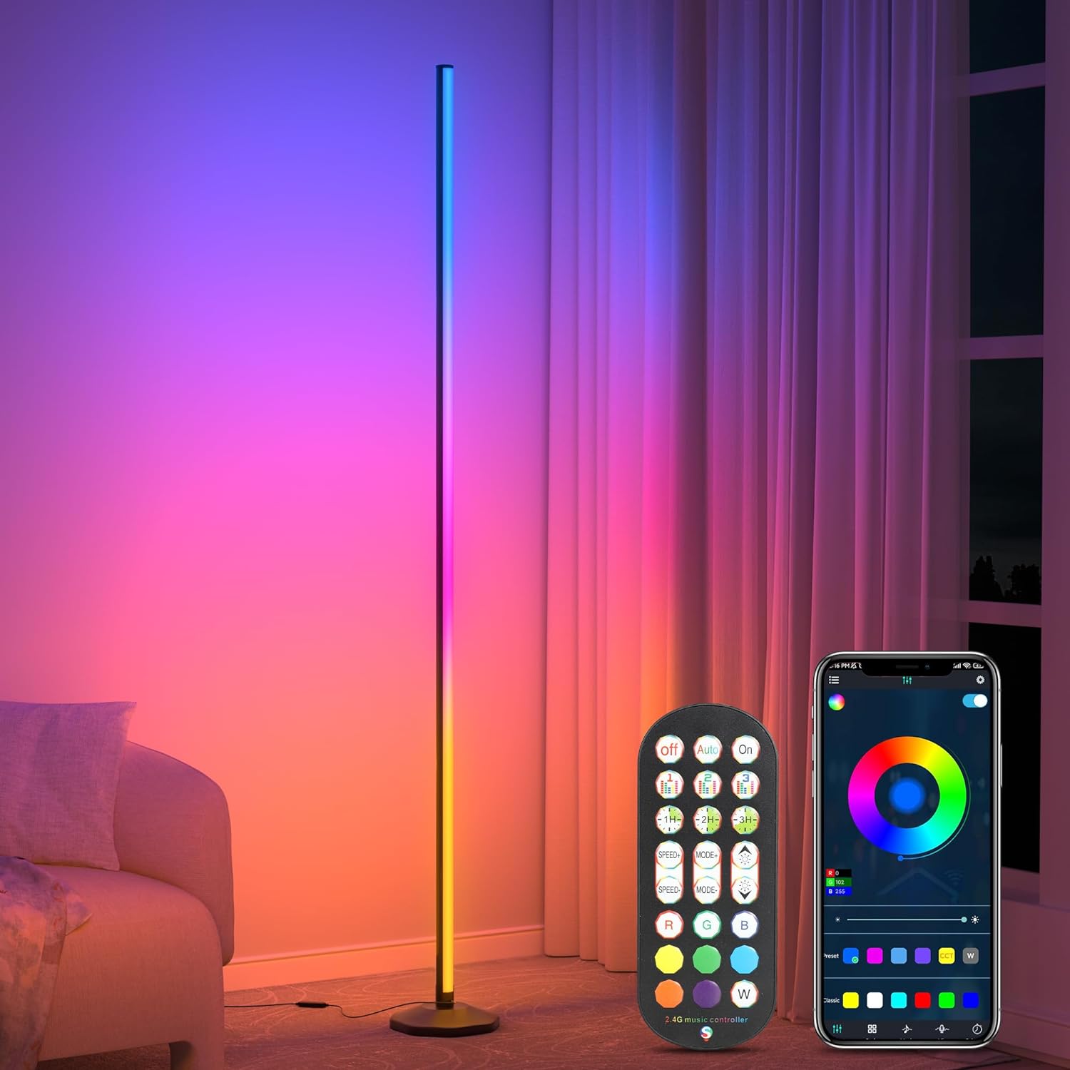 OUTON Smart LED Floor Lamp RGB, Color Changing Corner Lamp with APP and Remote Control, 16 Million DIY Colors, Music Sync, 64  Scene, Timer Setting, Modern Standing Lamp for Living Room Bedroom Gaming