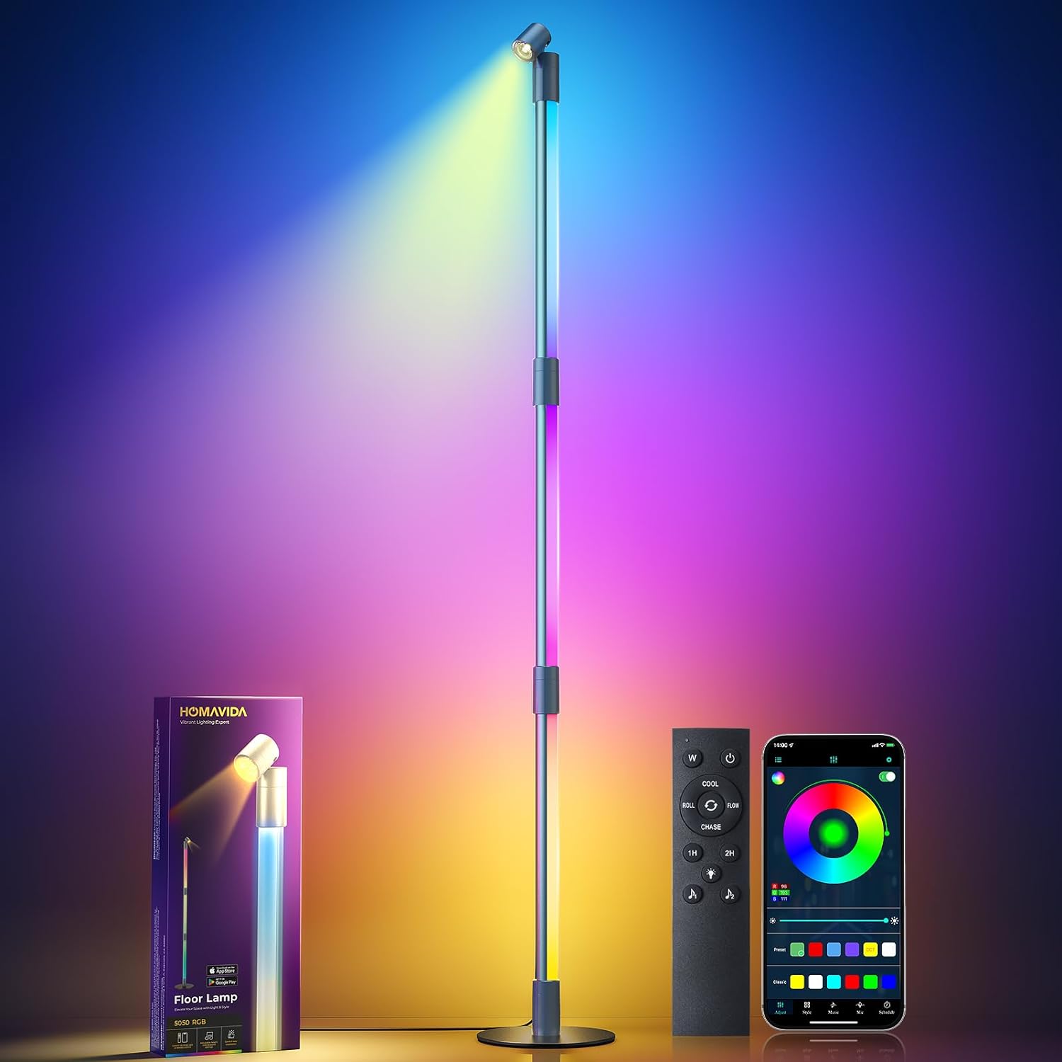 HomaVida Corner Floor Lamp with Remote, Smart RGB LED Corner Lamp with Spotlight, Modern Color Changing Floor Lamp with Music Sync & Timer, 360Rotate Standing Lamp for Bedroom Living Room