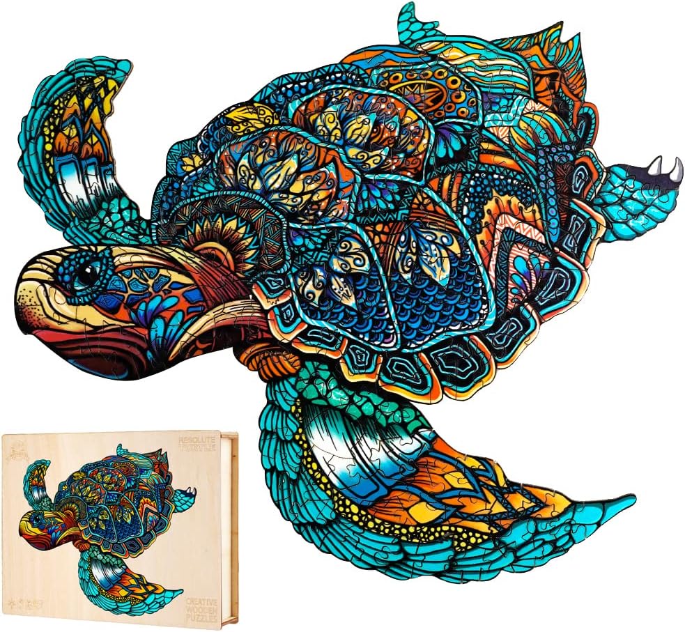 Jigfoxy Wooden Puzzles for Adults, Sea Turtle Wooden Jigsaw Puzzles for Adults Kids, Unique Animal Shape Wood Cut Puzzles for Friend Family Turtle Lover (S-9.1 * 7.7in-100pcs)