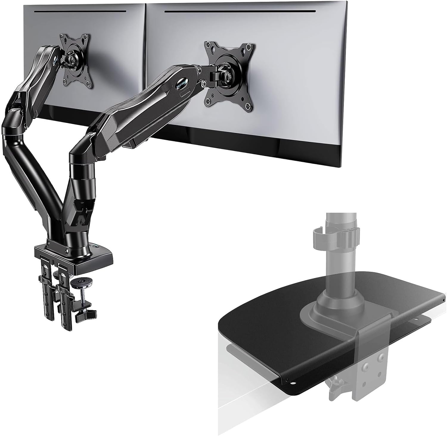 HUANUO Bundle  2 Items: HUANUO Dual Monitor Stand for 17 to 27 inch Monitor and Steel Monitor Mount Reinforcement Plate for Thin, Glass and Other Fragile Tabletop