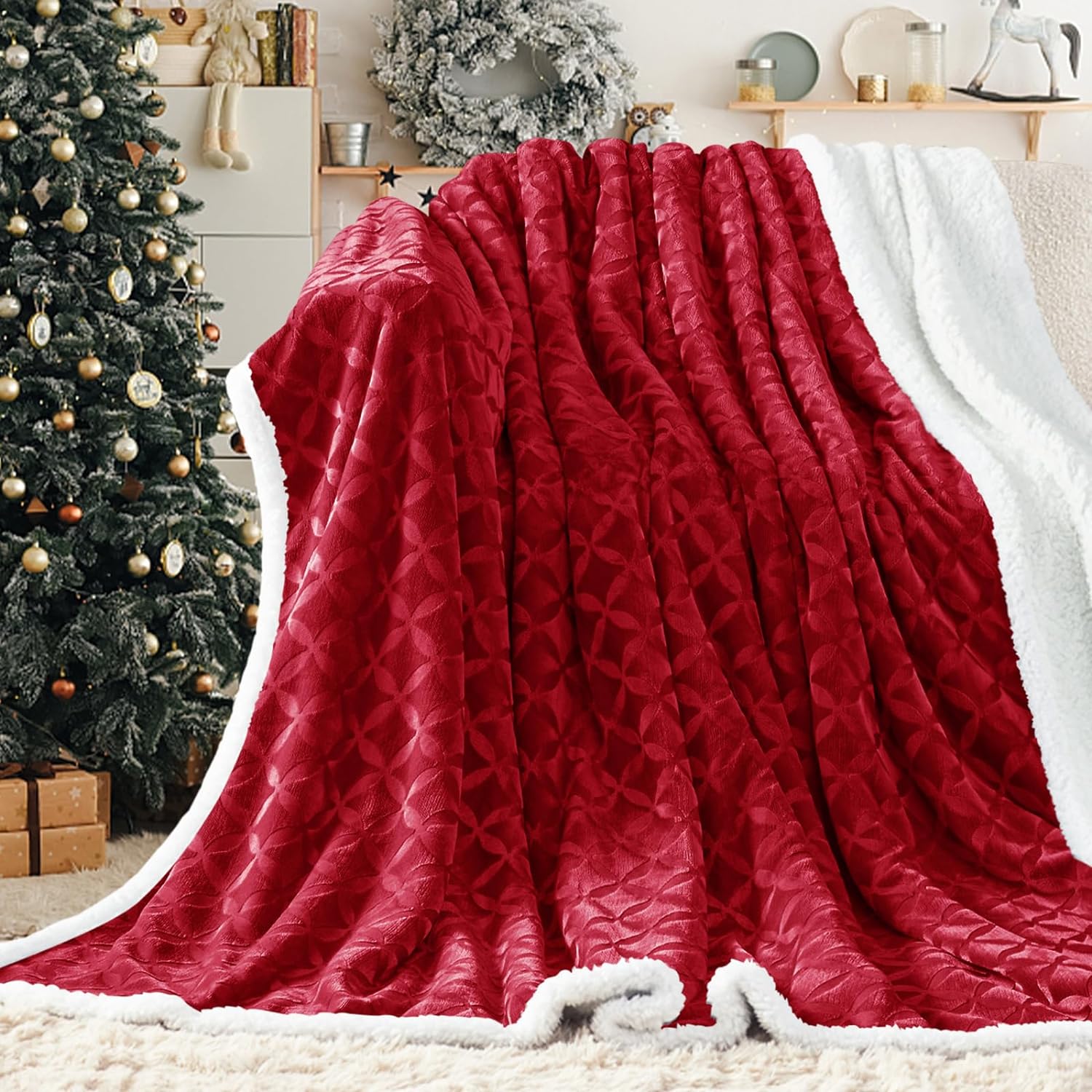 inhand Sherpa Throw Blanket Soft Christmas Throw Blanket Red Warm Blankets and Throws Cozy Fluffy Reversible Flannel Fleece Blanket for Couch Sofa Bed Lap Large Plush Fuzzy Brushed Blanket50x60