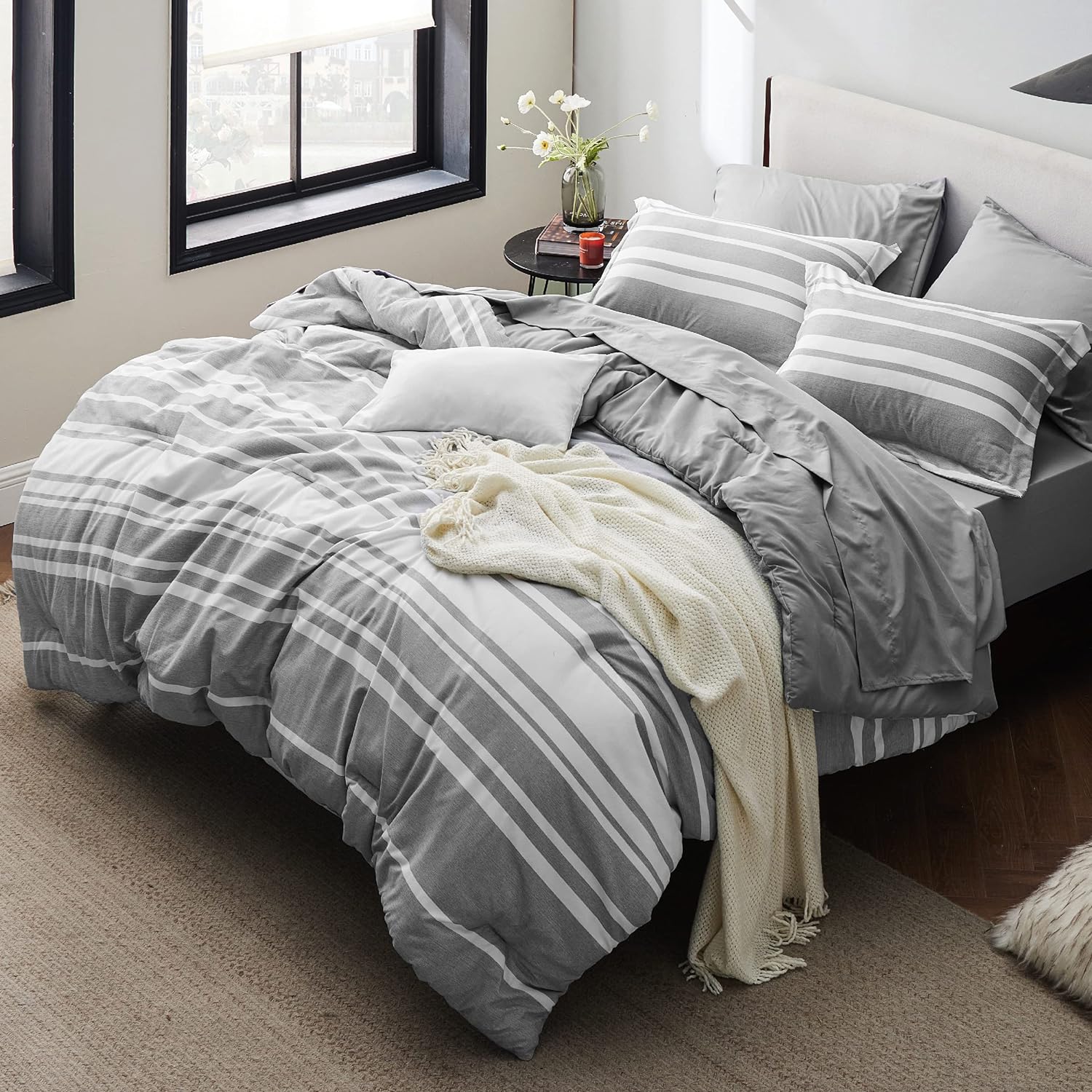 Bedsure Queen Comforter Set 7 Pieces, Grey White Striped Comforter for Queen Size Bed Reversible, Cationic Dyeing Bed in a Bag with Comforter, Sheets, Pillowcases & Shams