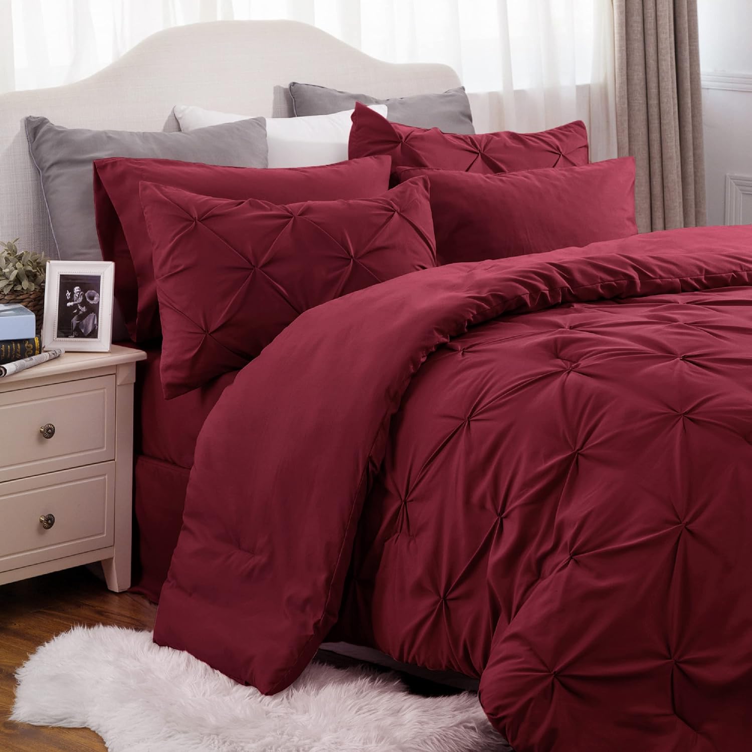 Bedsure Red Comforter Set Queen - Bed in a Bag Queen 7 Pieces, Pintuck Bedding Sets Burgundy Bed Set with Comforter, Sheets, Pillowcases & Shams