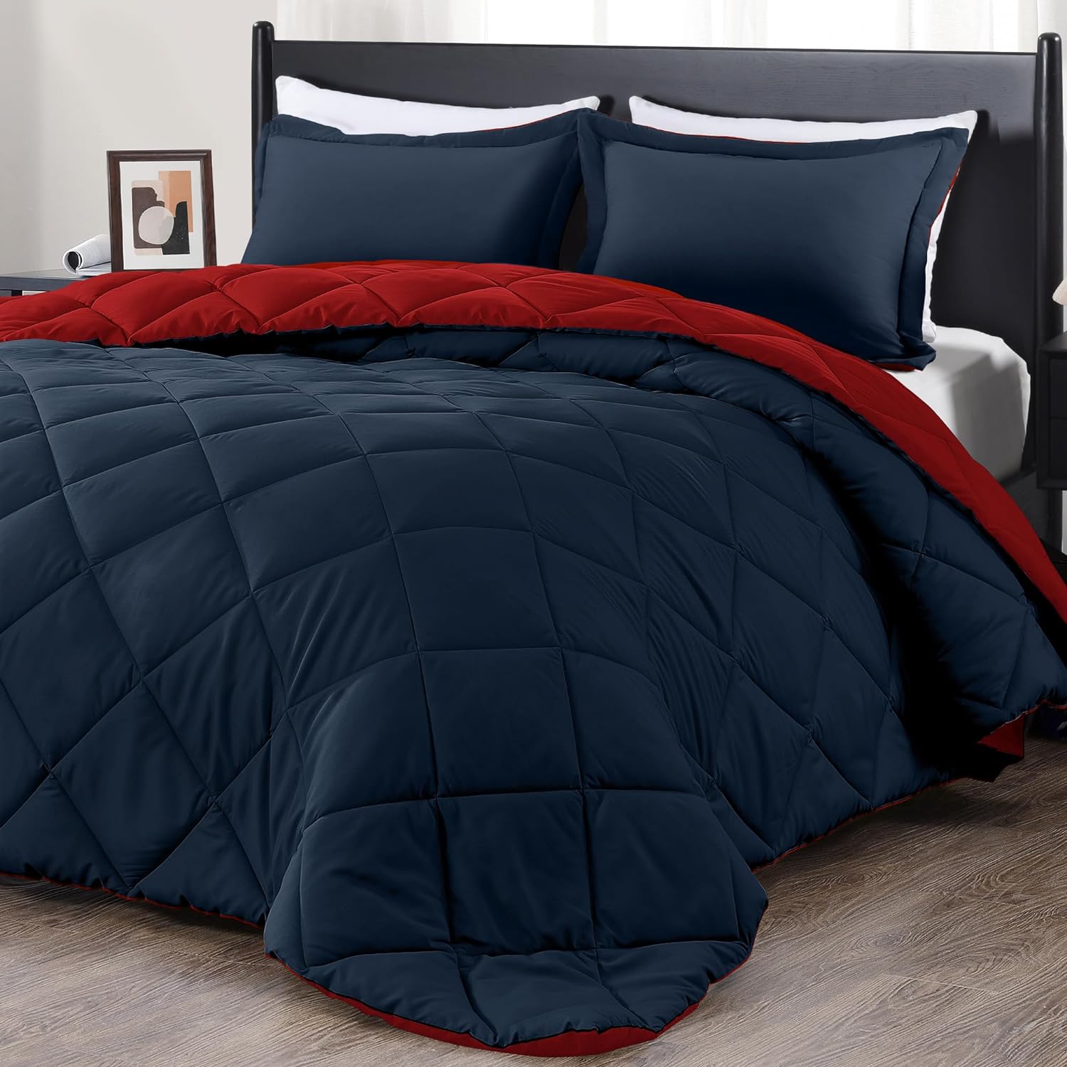 downluxe King Size Comforter Set - Red and Navy King Comforter, Soft Bedding Sets for All Seasons -3 Pieces - 1 Comforter (104x92) and 2 Pillow Shams(20x36)