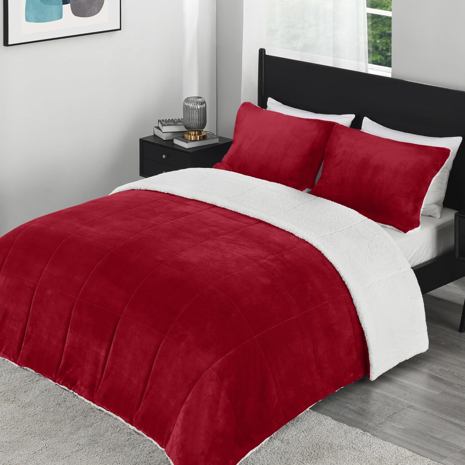 downluxe Ultra-Soft Micromink Sherpa Queen Comforter Set with 2 Pillow Shams - 3-Piece Set - Red - Plush Warm Fall Winter Bedding Comforter Sets