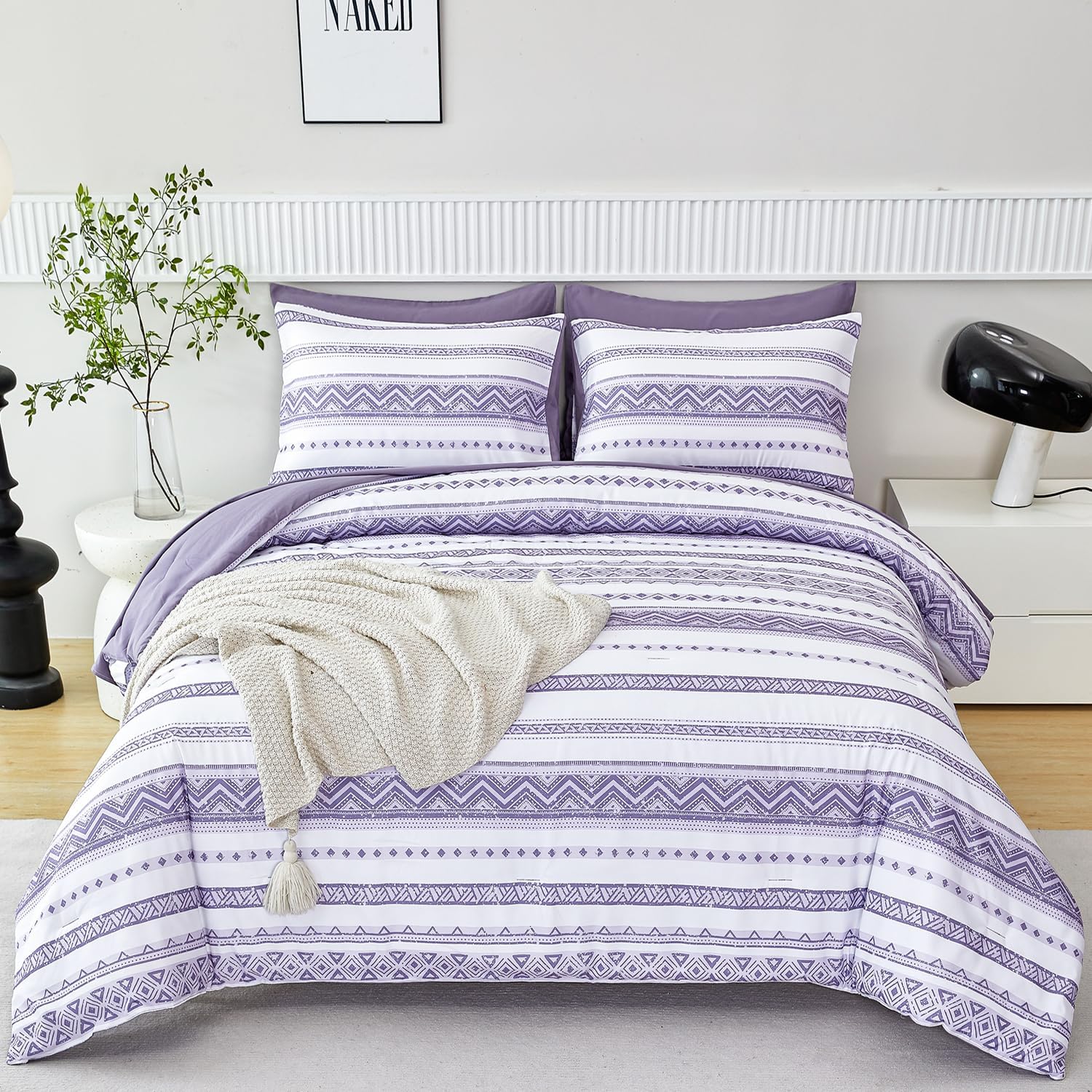 PERFEMET Purple King Size Comforter Set 7 Pieces Boho Bedding Set Vintage Geometric Aztec Bed in A Bag Aesthetic Bohemian Striped Bed Sets for Men Women (Purple, King)