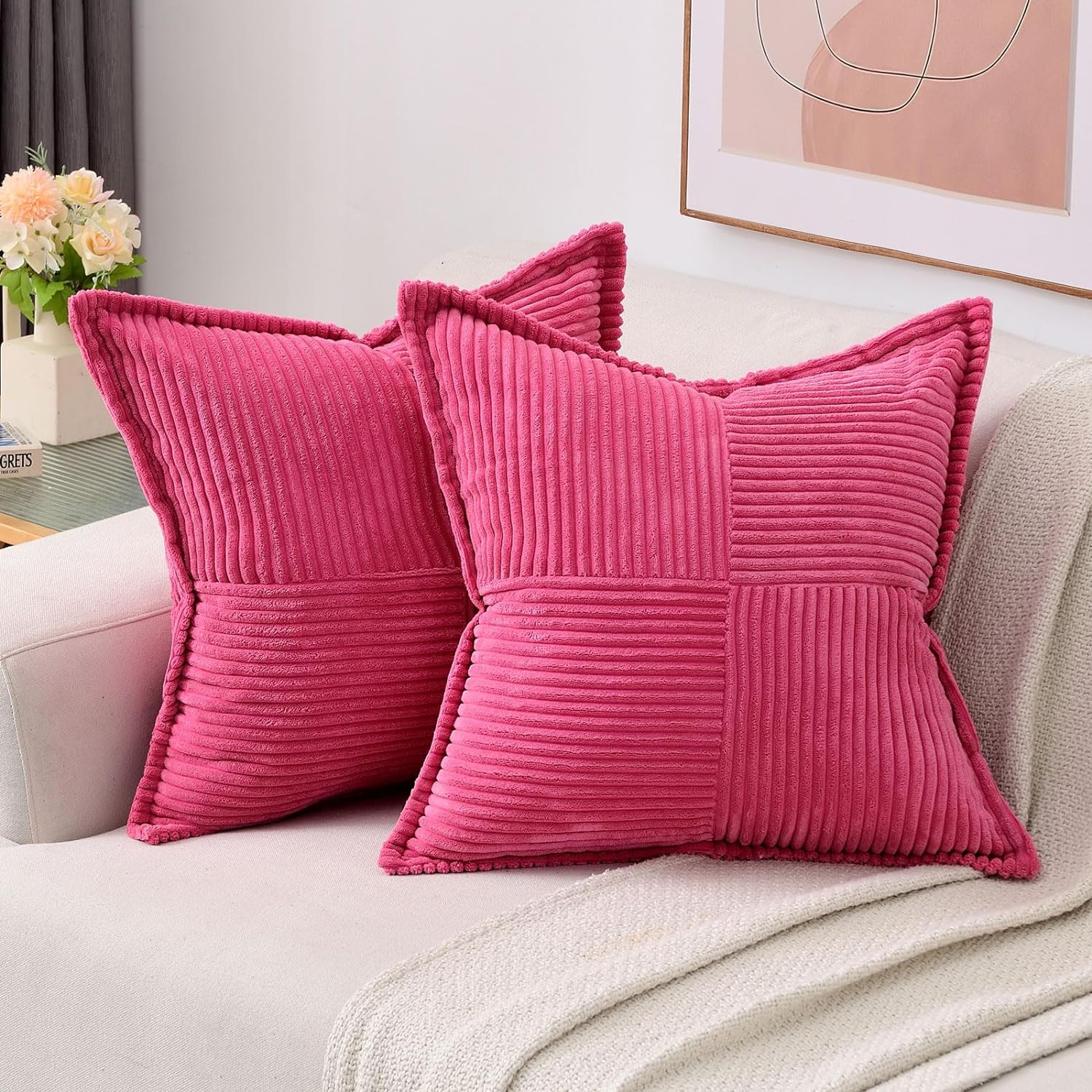 HAUSSY Hot Pink Throw Pillow Covers 18x18 Inch Set of 2,Soft Solid Corduroy Striped/Wide Bordered,Square Decorative Cushion Case,Winter Home Decorations for Couch,Bed