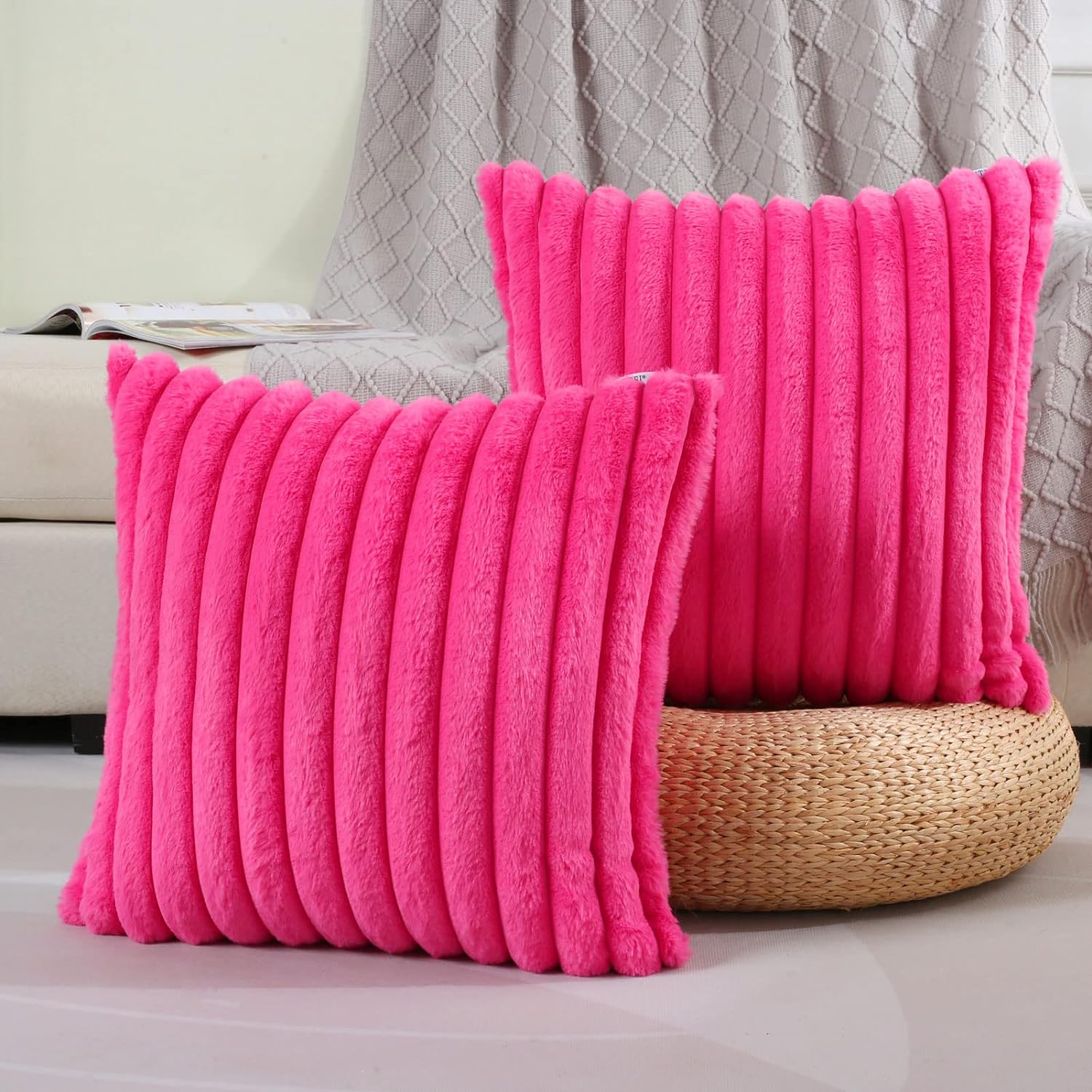 FUTEI Hot Pink Striped Decorative Throw Pillow Covers 18x18 Inch Set of 2,Square Valentines Day Decorations Couch Pillow Case,Soft Cozy Faux Rabbit Fur & Velvet Back,Modern Home Decor for Bed