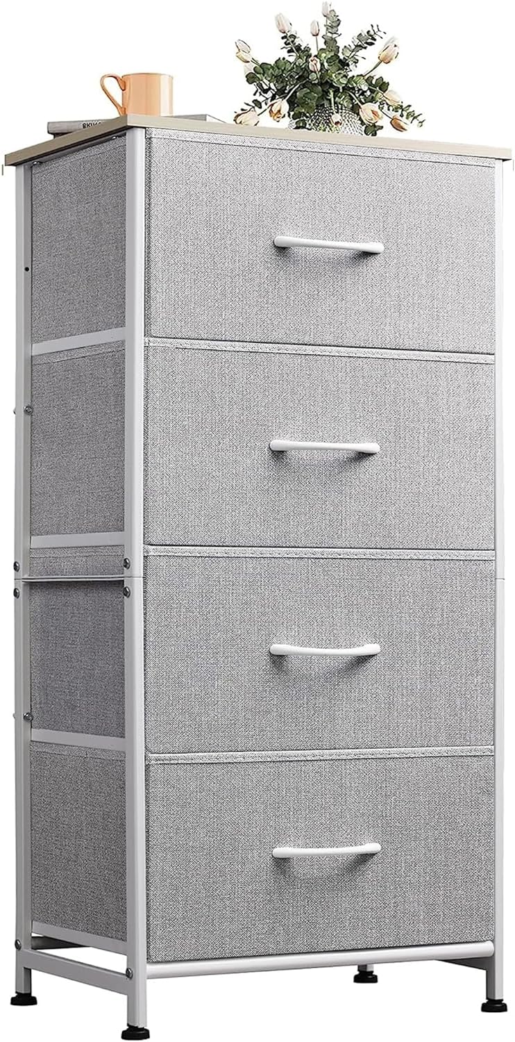 WLIVE Dresser with 4 Drawers, Storage Tower, Organizer Unit, Fabric Dresser for Bedroom, Hallway, Entryway, Closets, Sturdy Steel Frame, Wood Top, Easy Pull Handle, Light Grey