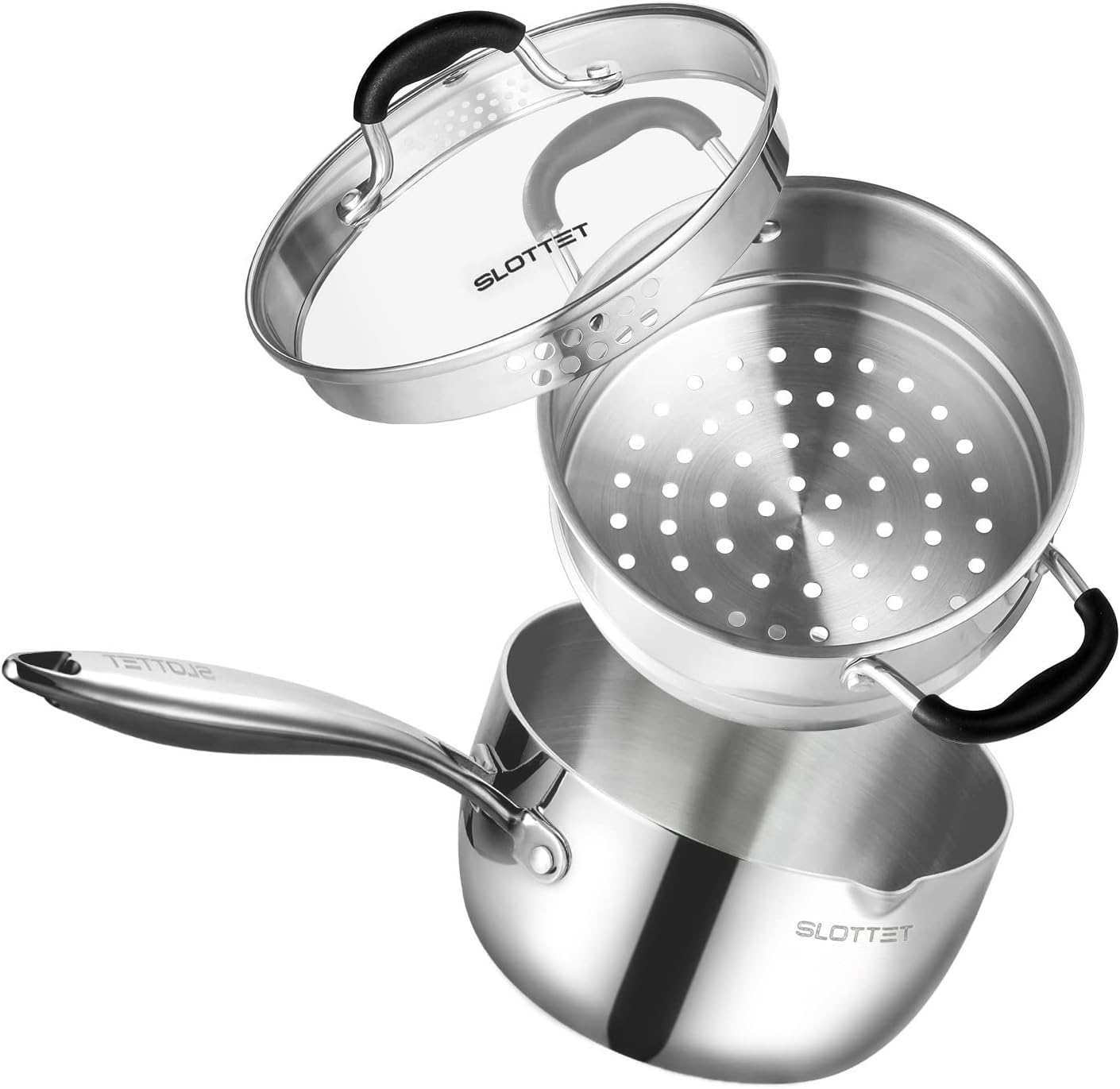 SLOTTET Tri-Ply Whole-Clad Stainless Steel Saucepan with Steamer,2.5 Qt Small Multipurpose Pot with Pour Spout,Strainer Glass Lid, 2 Quart Sauce Pan for Cooking with Stay-cool Handle.