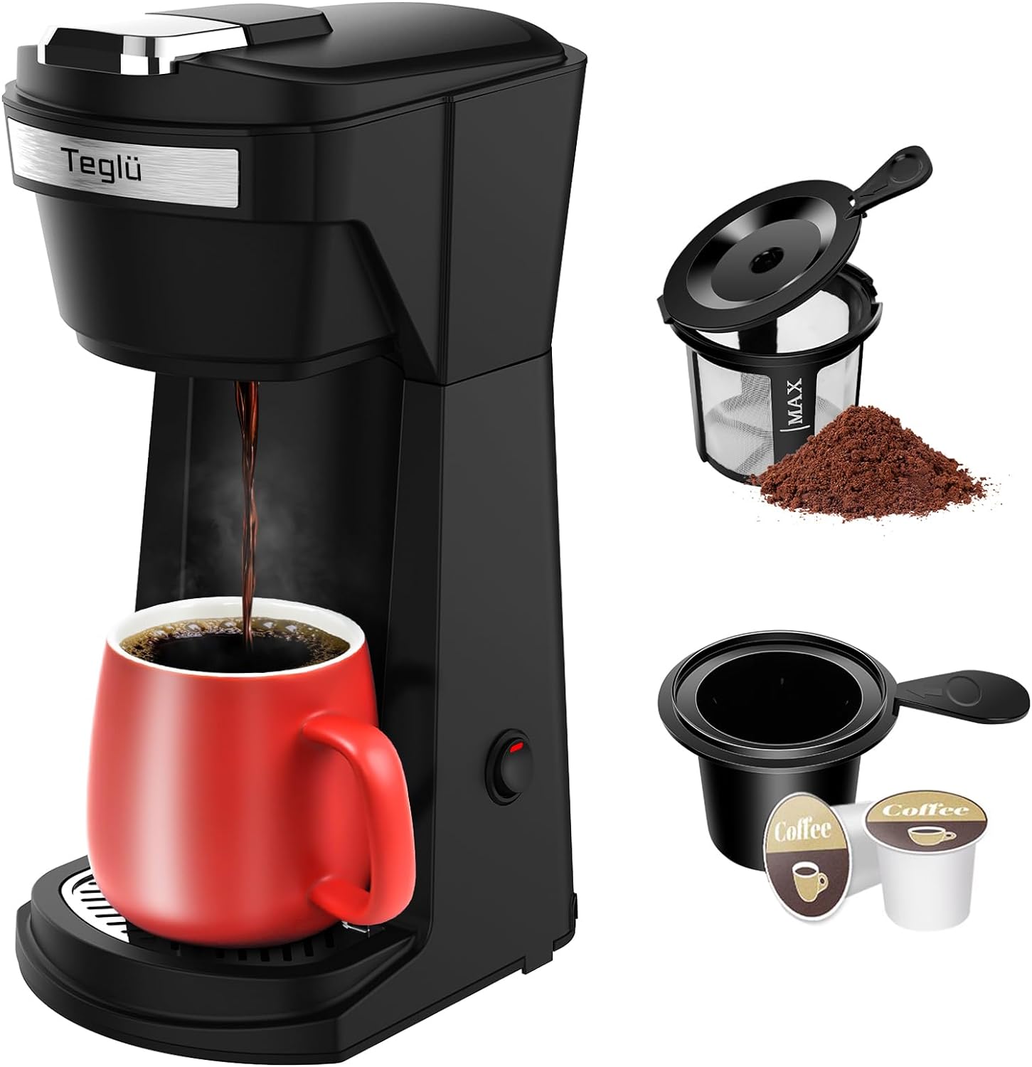 I love this small, single cup coffee maker! It has all the best features! It is well-made, it holds up to 14 ounces of water for any size cup or travel mug. I especially love the gray color, which looks nice on my countertop instead of black. It also beeps a signal when the coffee is done! I highly recommend this product!