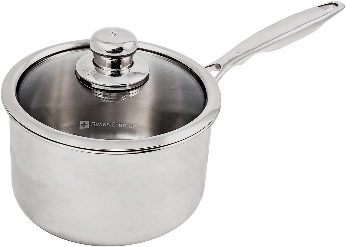 Swiss Diamond Premium Clad 5-Ply Stainless Steel 2.6 Quart Saucepan with Lid Included and Satin Exterior Finish, Induction Compatible Sauce Pot - Oven and Dishwasher Safe