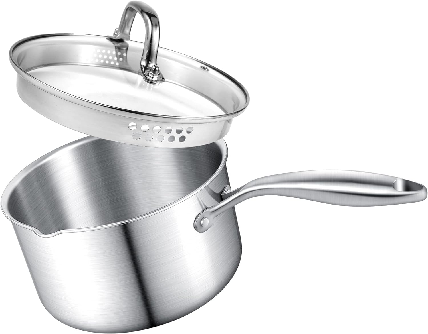 Buttermelt 2.5 Quart Stainless Steel Saucepan with Glass Strainer Lid, Thicken Tri-ply Full Body, Multipurpose Sauce Pot with Two-Size Drainage Holes Lid, Perfect For Boiling Gravies, Pasta, Noodles