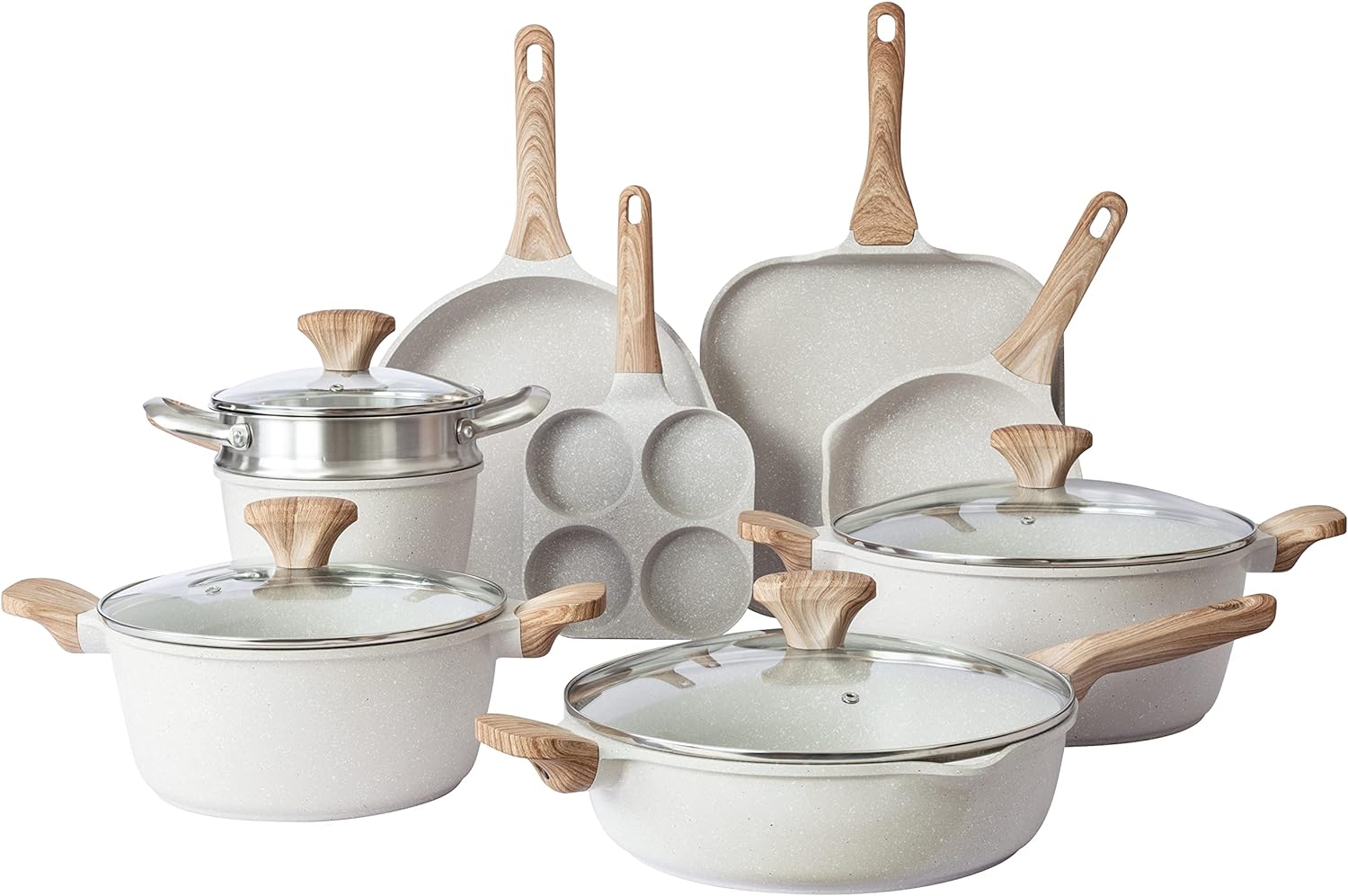 Country Kitchen Induction Cookware Sets - 13 Piece Nonstick Cast Aluminum Pots and Pans with BAKELITE Handles, Glass Lids -Cream