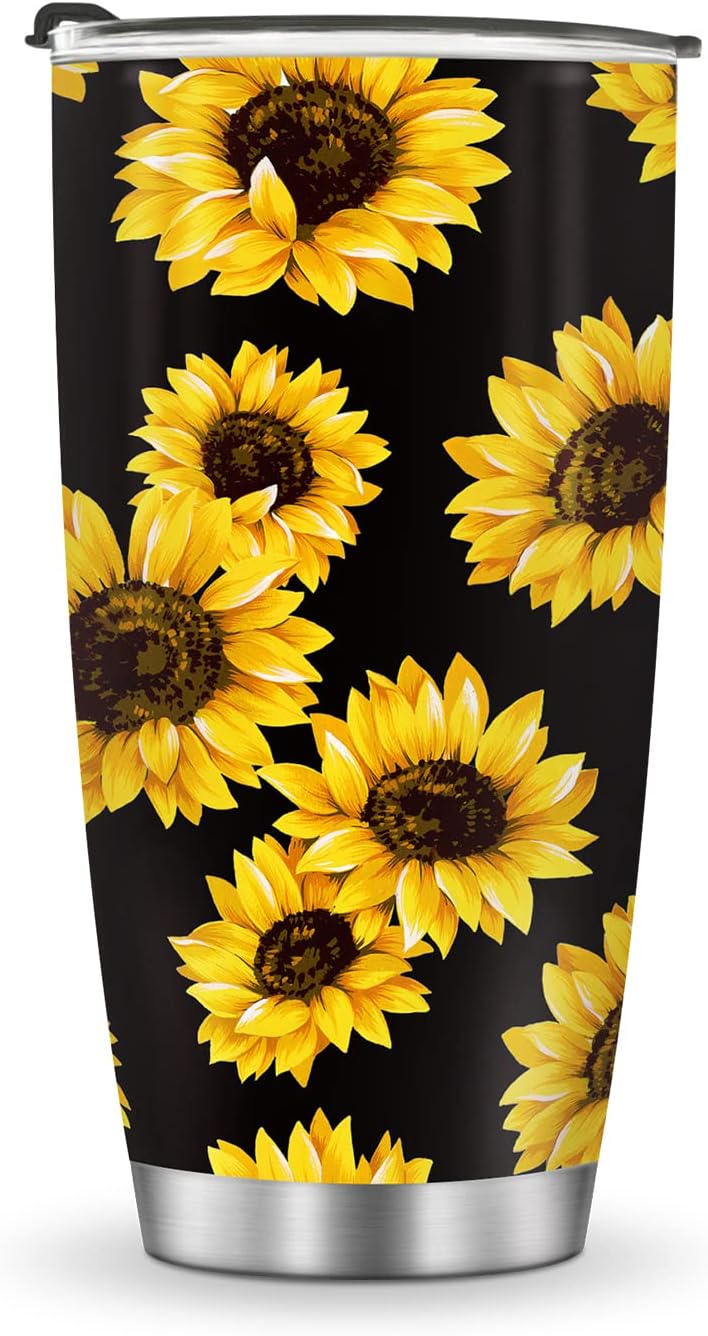 Jekeno Sunflower Tumbler, Sunflower Gifts for Women, 20oz Stainless Steel Double Wall Vacuum Sunflowers Cup with Lid for Travel Coffee