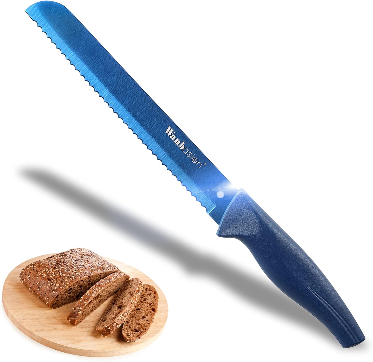 Wanbasion Blue 8 Inch Serrated Bread Knife, kitchen Bread Knife Serrated with Sheath, Stainless Steel Bread Knife for Homemade Bread Cake