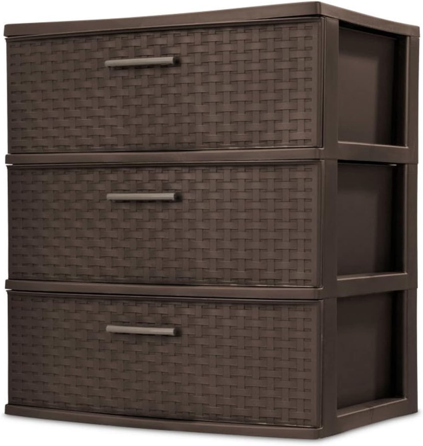 Sterilite 3 Drawer Wide Weave Storage Tower, Plastic Decorative Drawers to Organize Clothes in Bedroom, Closet, Brown with Brown Drawers, 1-Pack