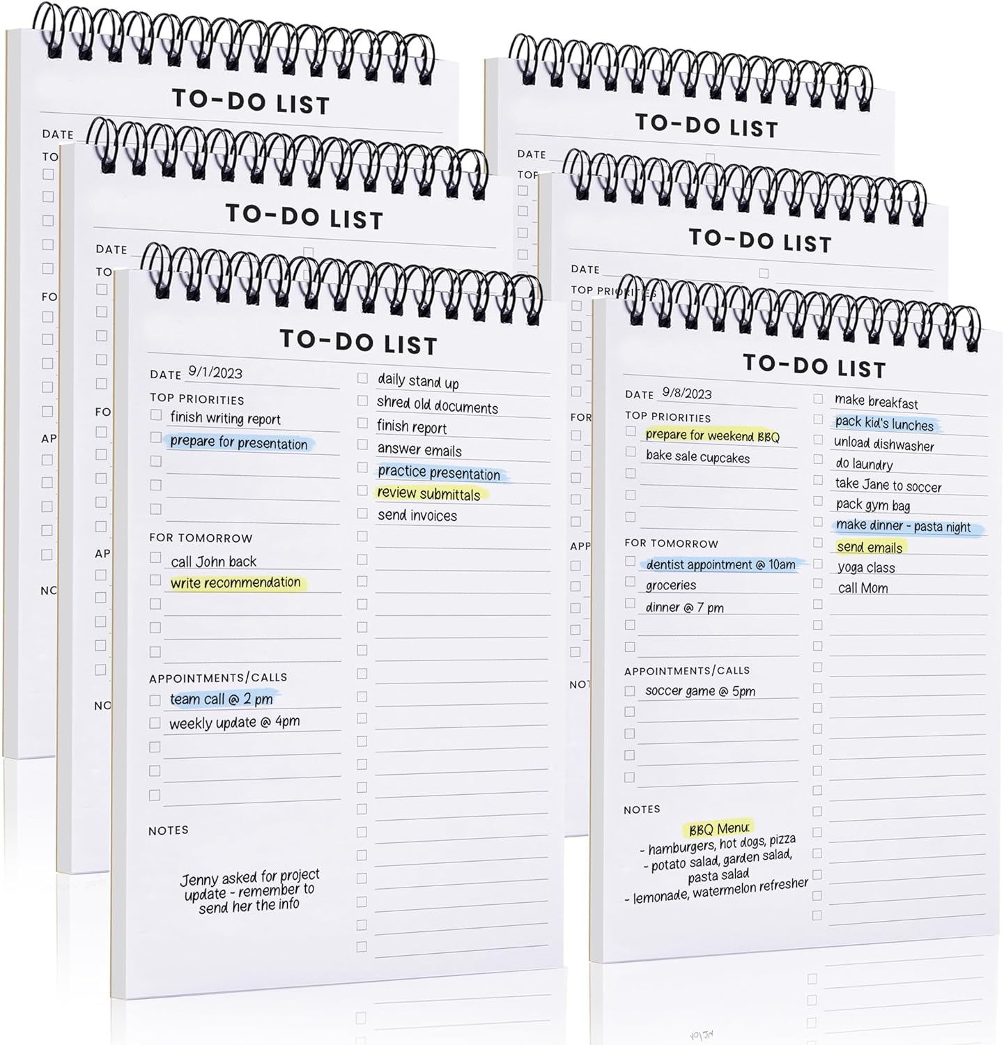 To Do List Notepad 6 Pack: Has Multiple Functional Sections - 5.2 x 8 35 Sheets - Spiral Daily Planner Notebook - Task CheckList Organizer Agenda Pad for Work, Note and Todo Organization