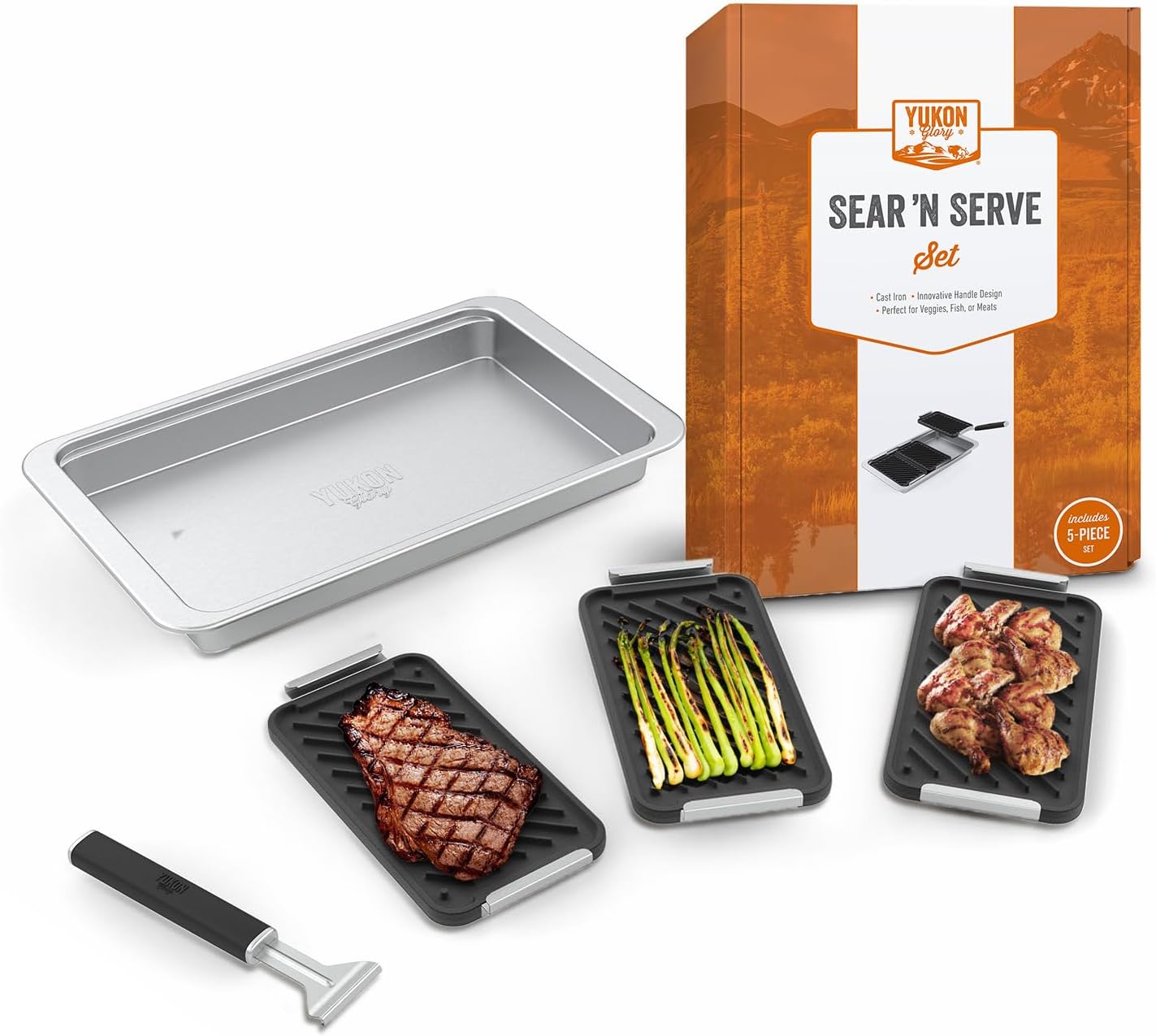 Yukon Glory SEAR 'N SERVE Cast Iron Grill Pan Set Includes - 3 Cast Iron Grilling Baskets a Serving Tray & Clip-On Handle - Cast Iron grill pans for stove tops or Outdoor Grills Leave Pro Sear Marks