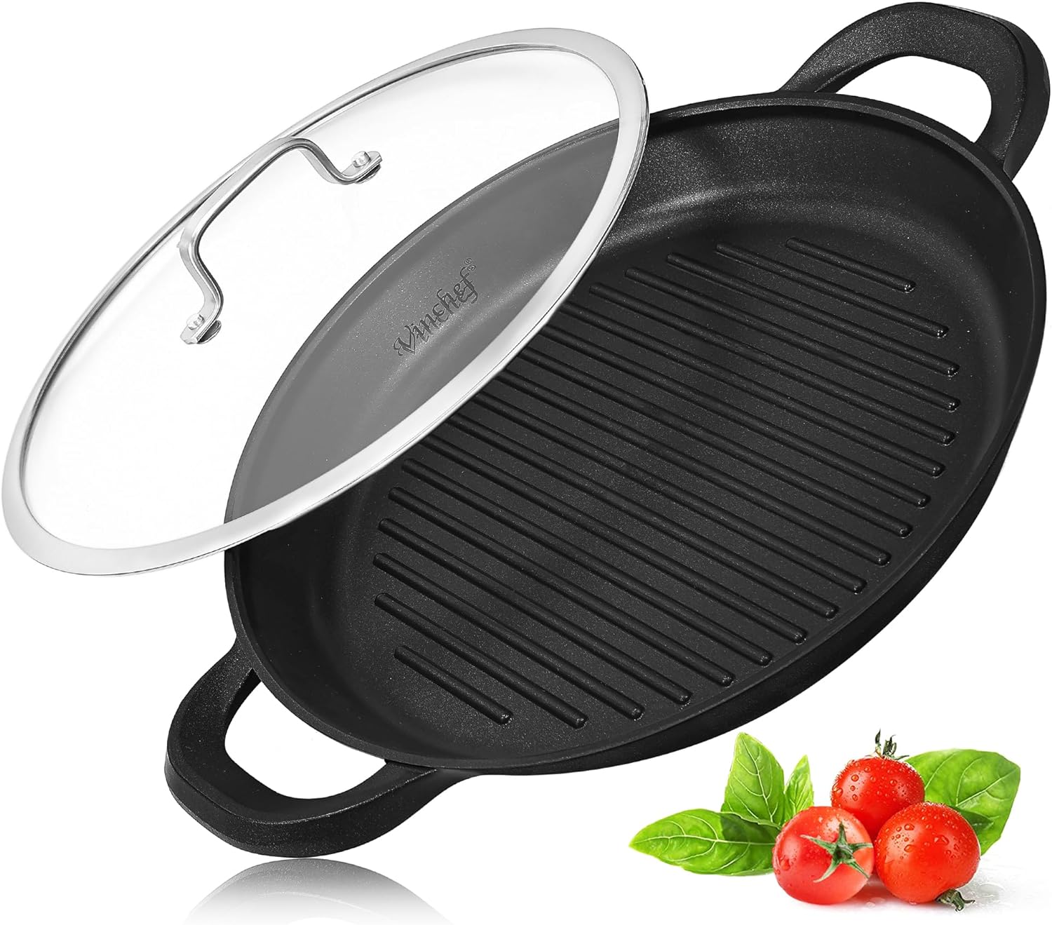 Vinchef Nonstick Grill Pan for Stove tops | 13.0 Skillet, Indoor Induction Cast-aluminum Grill Pan with Lid and Anti-Scalding Tools, GRANITEC Nonstick Coating, Dishwasher & Oven Safe