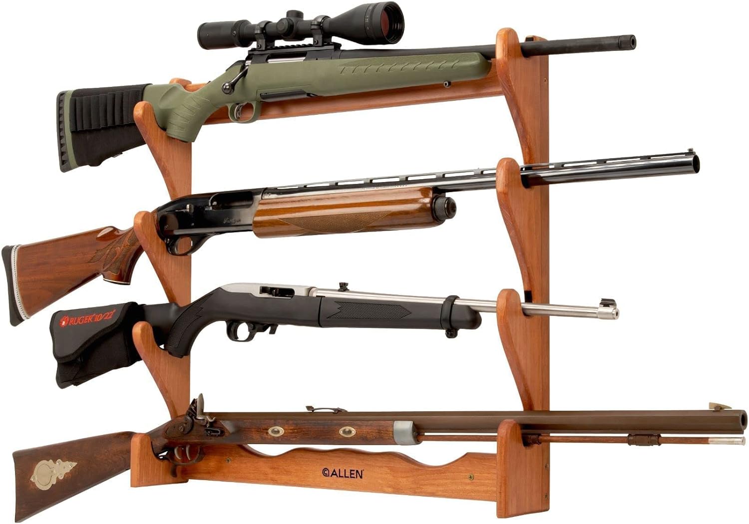 Allen Company Indoor Gun Rack, Holds 2, 3 and 4 Rifles/Shotguns - Wall Storage Display Rifle Rack - Wood with Metal Hooks - Brown/Black