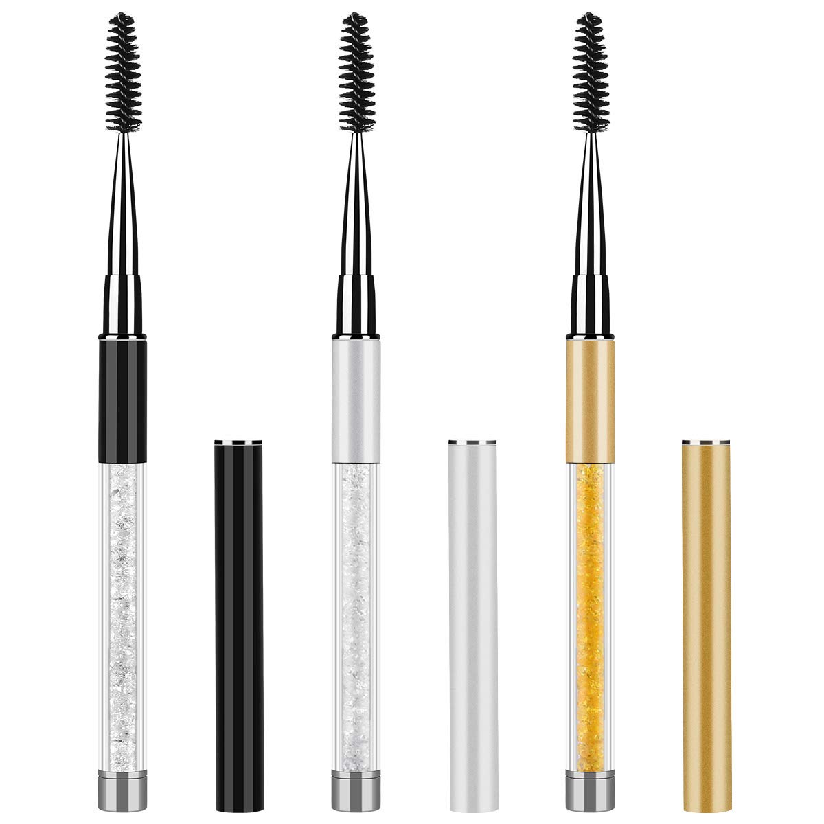 Tbestmax Eye Brush Mascara Wands Eyelash Spoolie Brushes Eye Brow Brush Applicator with Cap for Travel, Crystal White Black Gold 3 Pcs