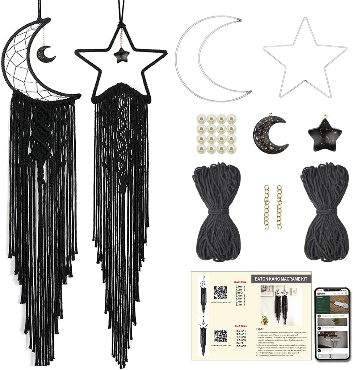 2 in 1 Macrame Kit, Black Moon+Star Macrame Kits for Adults Beginners, Includes Macrame Cord and Instruction with Video, Macrame Wall Hanging Supplies, Craft Kits for Adults DIY Dream Catcher Kit
