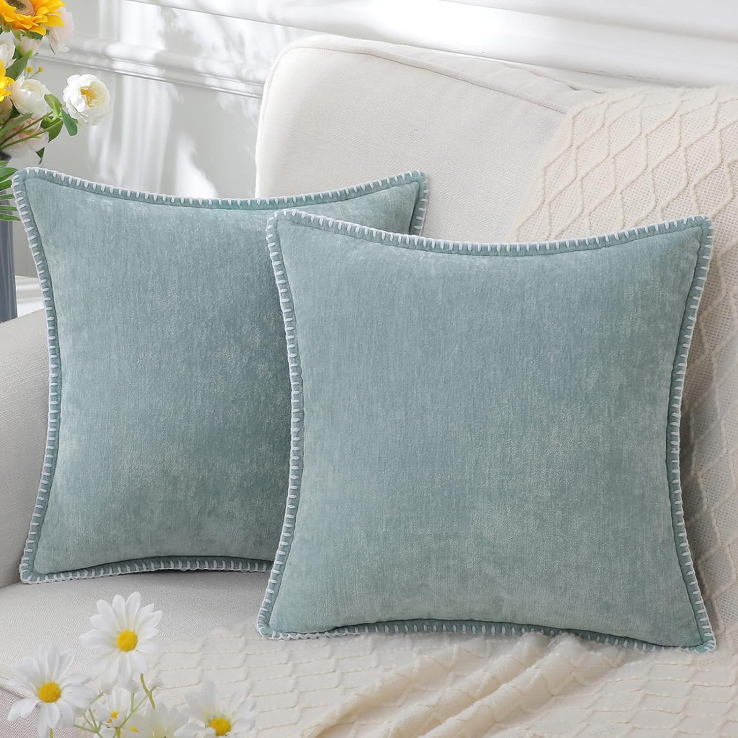  decorUhome Chenille Soft Throw Pillow Covers 18x18 Set of 2, Farmhouse Velvet Pillow Covers, Decorative Square Pillow Covers with Stitched Edge for Couch Sofa Bed, Aqua Haze 