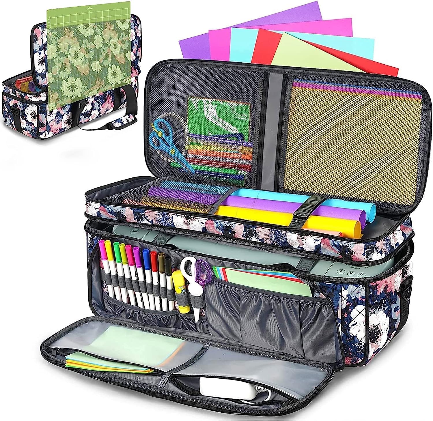 Double-Layer Carrying Case for Cricut Maker 3, Maker, Explore Air 2, Explore 3, Die Cut Machine, Water Resistant Carrying Bag with Cutting Mat Pocket, Storage Tote Bag for Tools Accessories, Floral