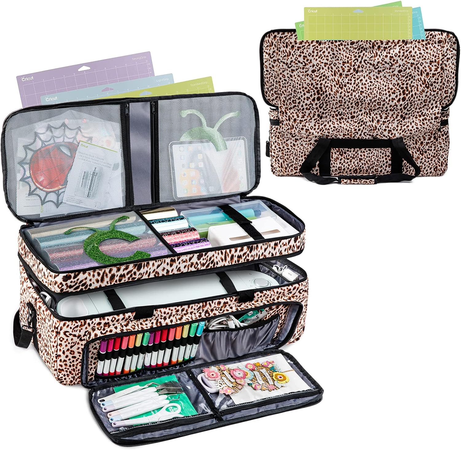 BAGSPRITE Double-Layer Carrying Case Compatible with Cricut Explore Air, Air 2, Maker and Maker 3, Cricut Case with Mat Pockets and Cricut Accessories Storage (Leopard)