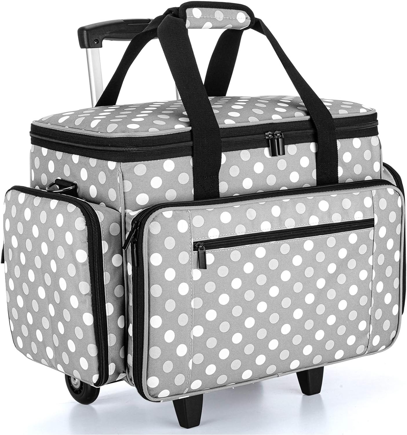 LUXJA Sewing Machine Case with Detachable Dolly, Rolling Sewing Machine Tote with Removable Bottom Pad (Fits for Most Standard Sewing Machines), Gray Dots (Patented Design)