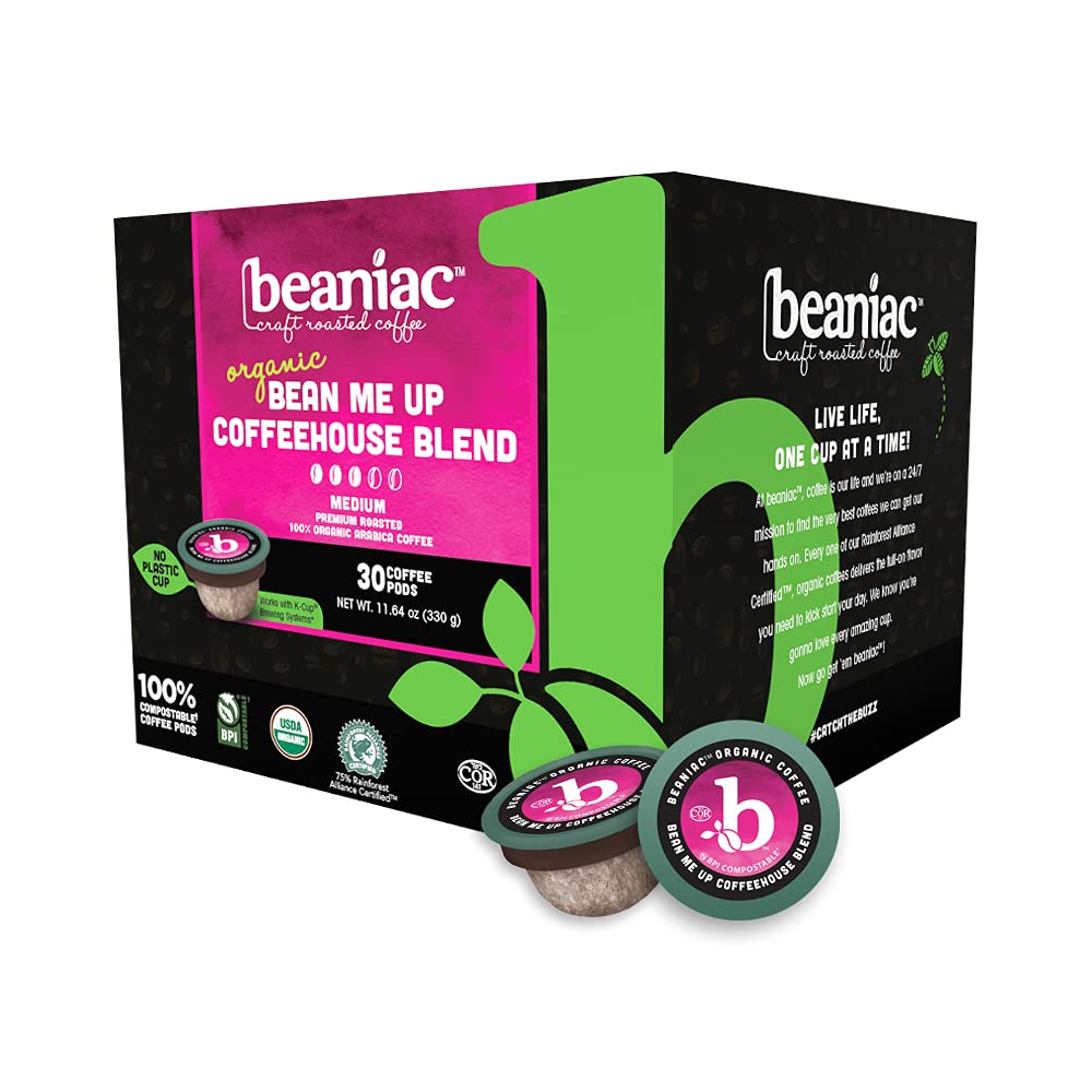 beaniac Organic Bean Me Up Coffeehouse Blend, Medium Roast, Single Serve Compostable K Cup Coffee Pods, Organic Arabica Coffee, Keurig Brewer Compatible, 30 Count